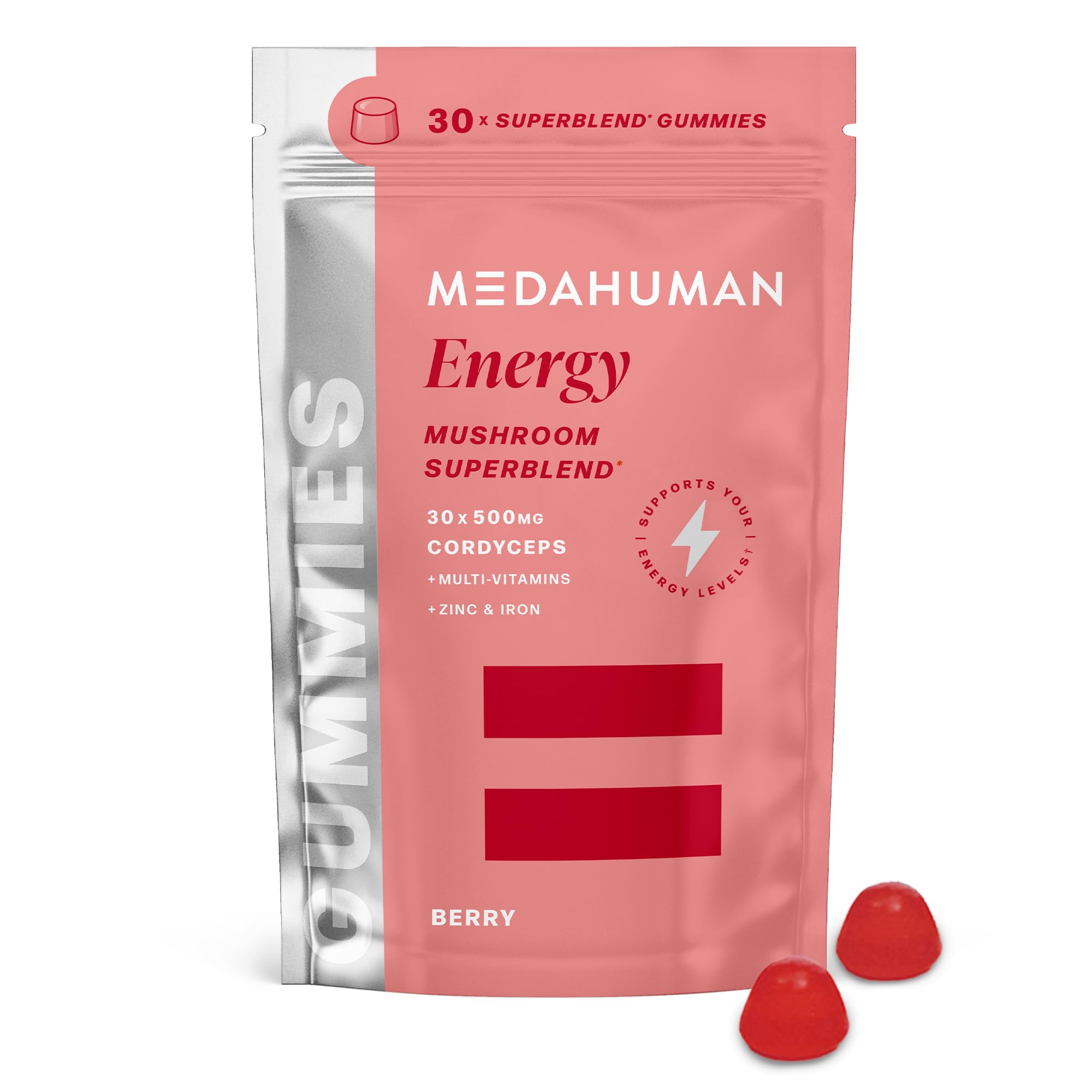 MEDAHUMAN® Energy | Cordyceps Mushroom Gummies (30 Servings) | Adaptogen Superblend Energy Gummies with Vitamins & Minerals for Reducing Tiredness | Berry Flavour