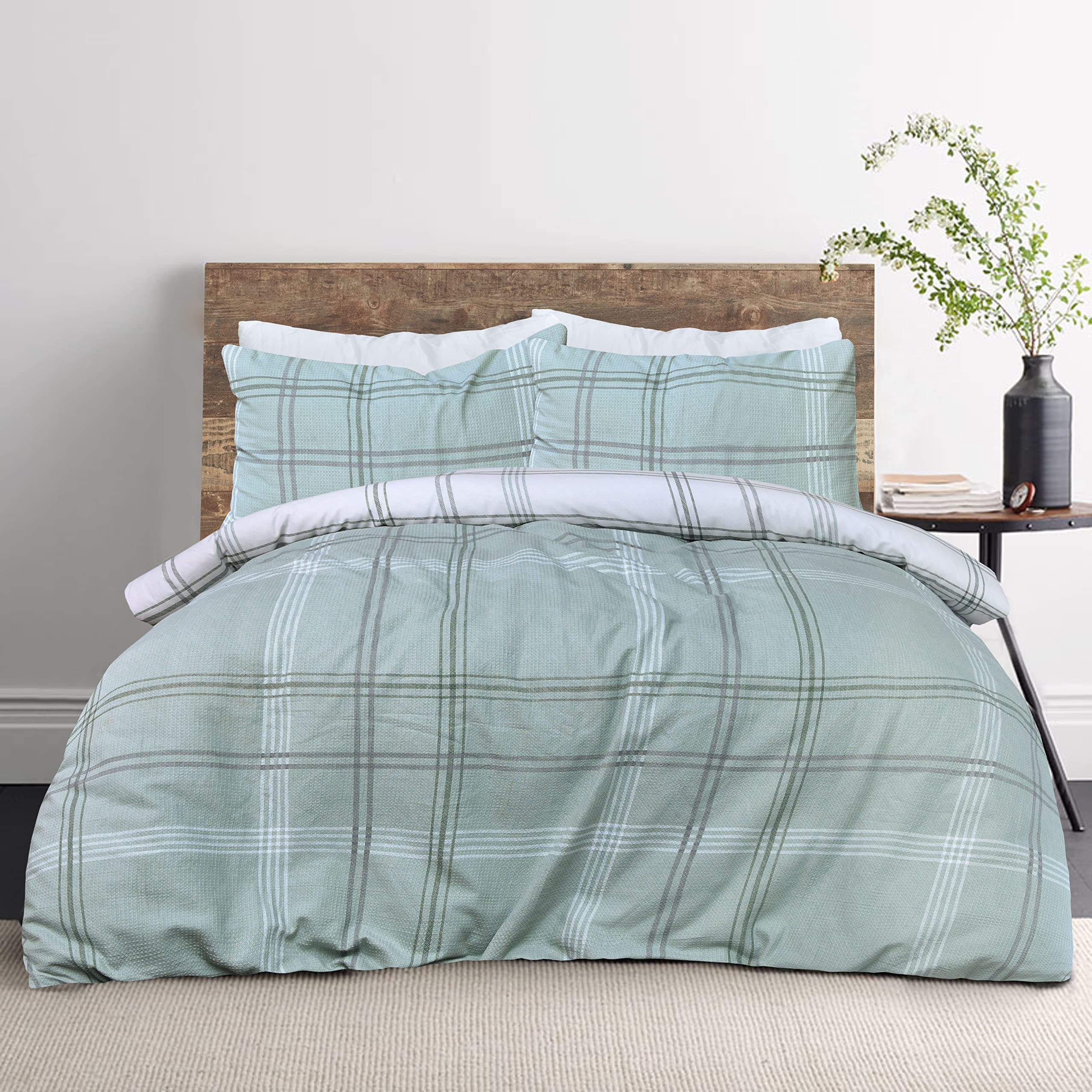 Sleepdown Waffle Green Check Reversible Duvet Cover Quilt Pillow Cases Bedding Set Soft Easy Care - Super King (220cm x 260cm)