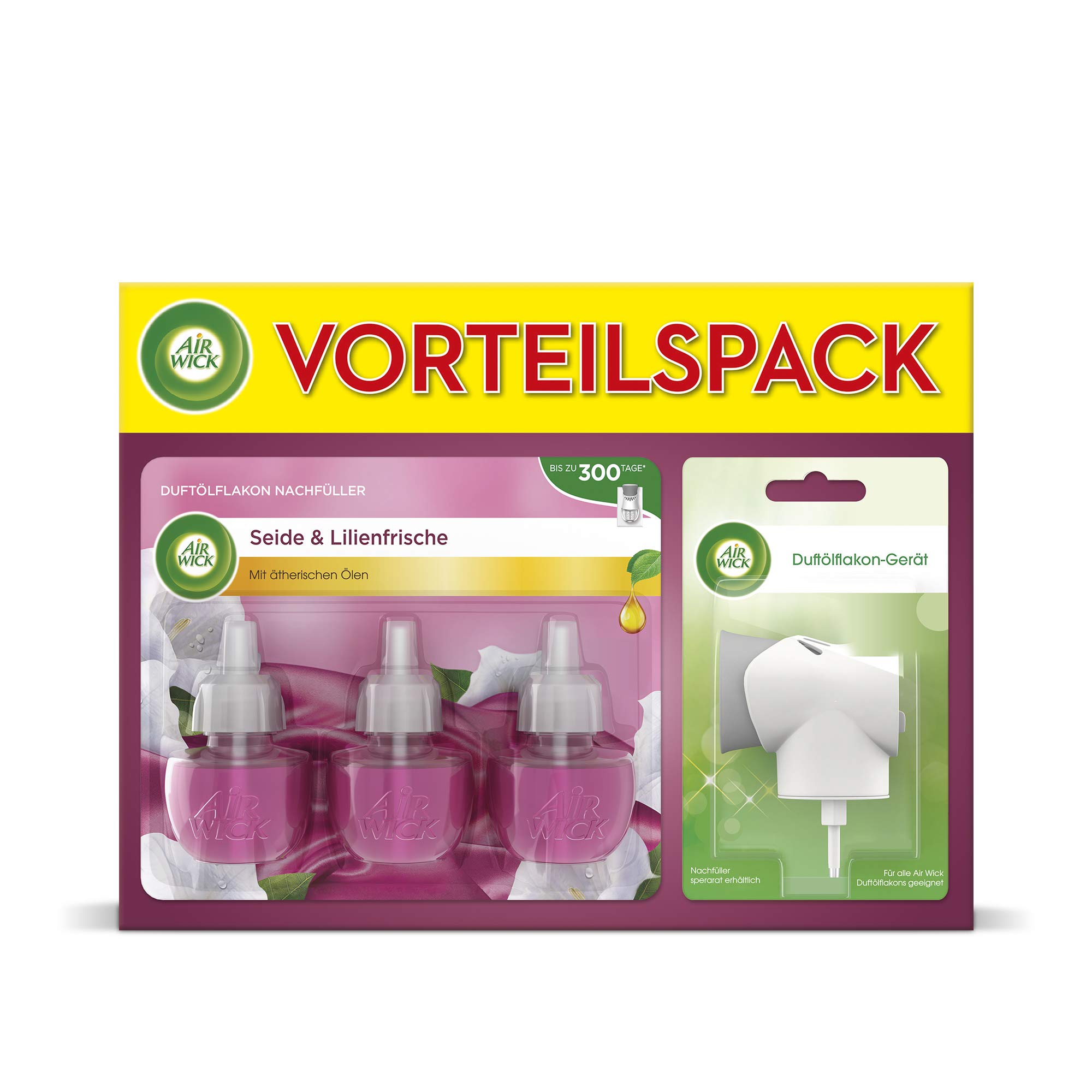 Air Wick Duftölflakon Vorteilspack – Duftstecker mit 3 Nachfüllern – Floraler Raumduft mit ätherischen Ölen – Duft: Seide & Lilienfrische – 3 x 19 ml Duftöl Set