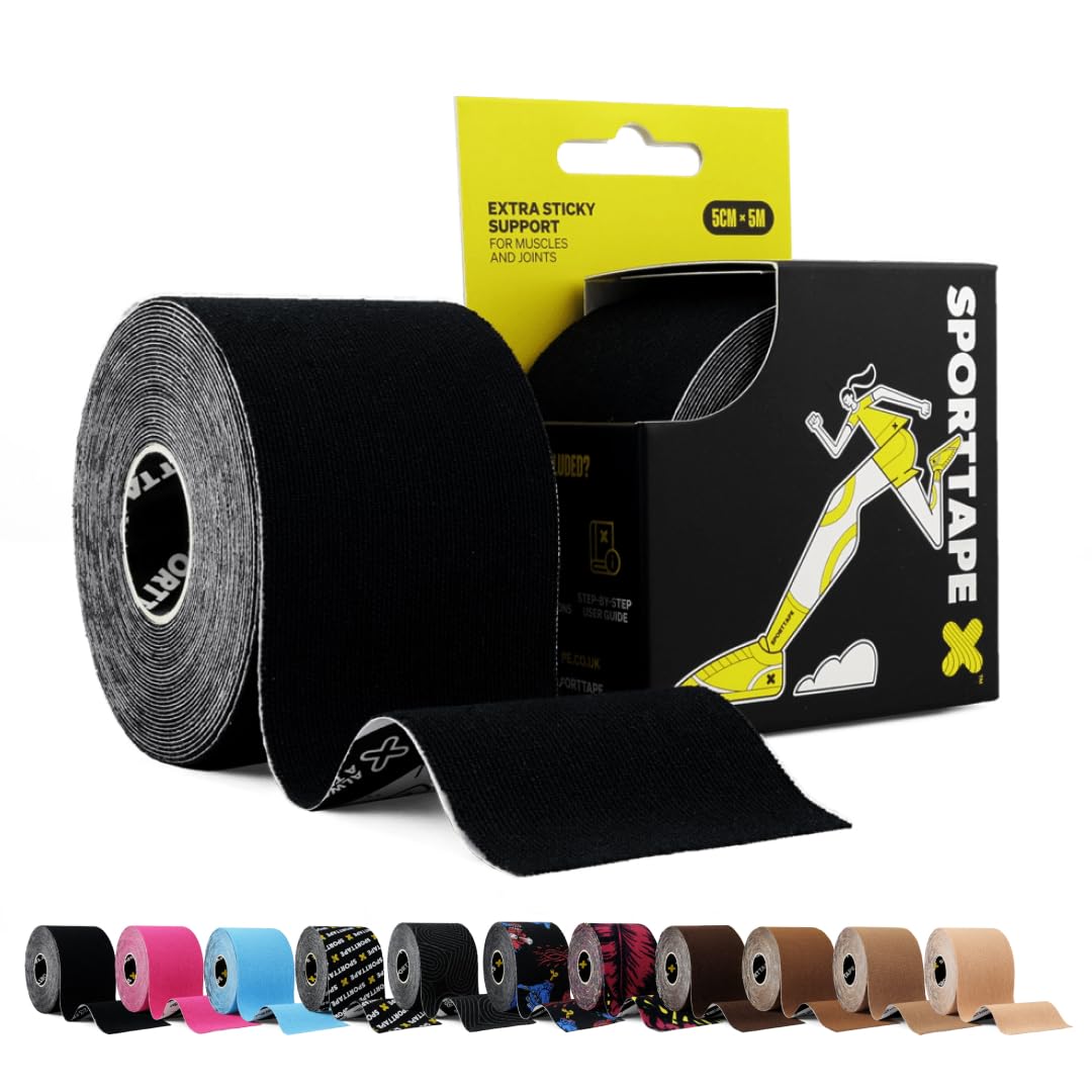 SPORTTAPE Kinesiology Tape - 5cm x 5m Roll - Black | Physio & Sports Injury Muscle Tape for Knee, Shoulder, Ankle, Plantar, Joint & Body Support | Kinetic, Flexible, Waterproof & Hypoallergenic