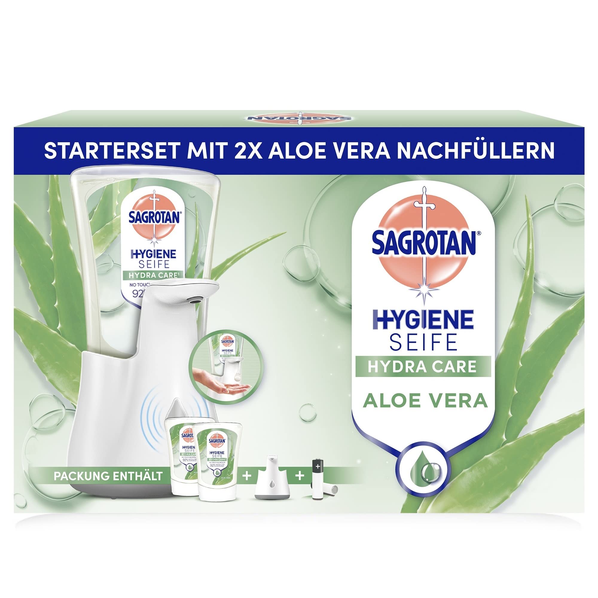 Sagrotan No-Touch Automatic Soap Dispenser White - Storage Pack - Includes Sagrotan Aloe Vera Refills - 2 x 250ml Liquid Soap