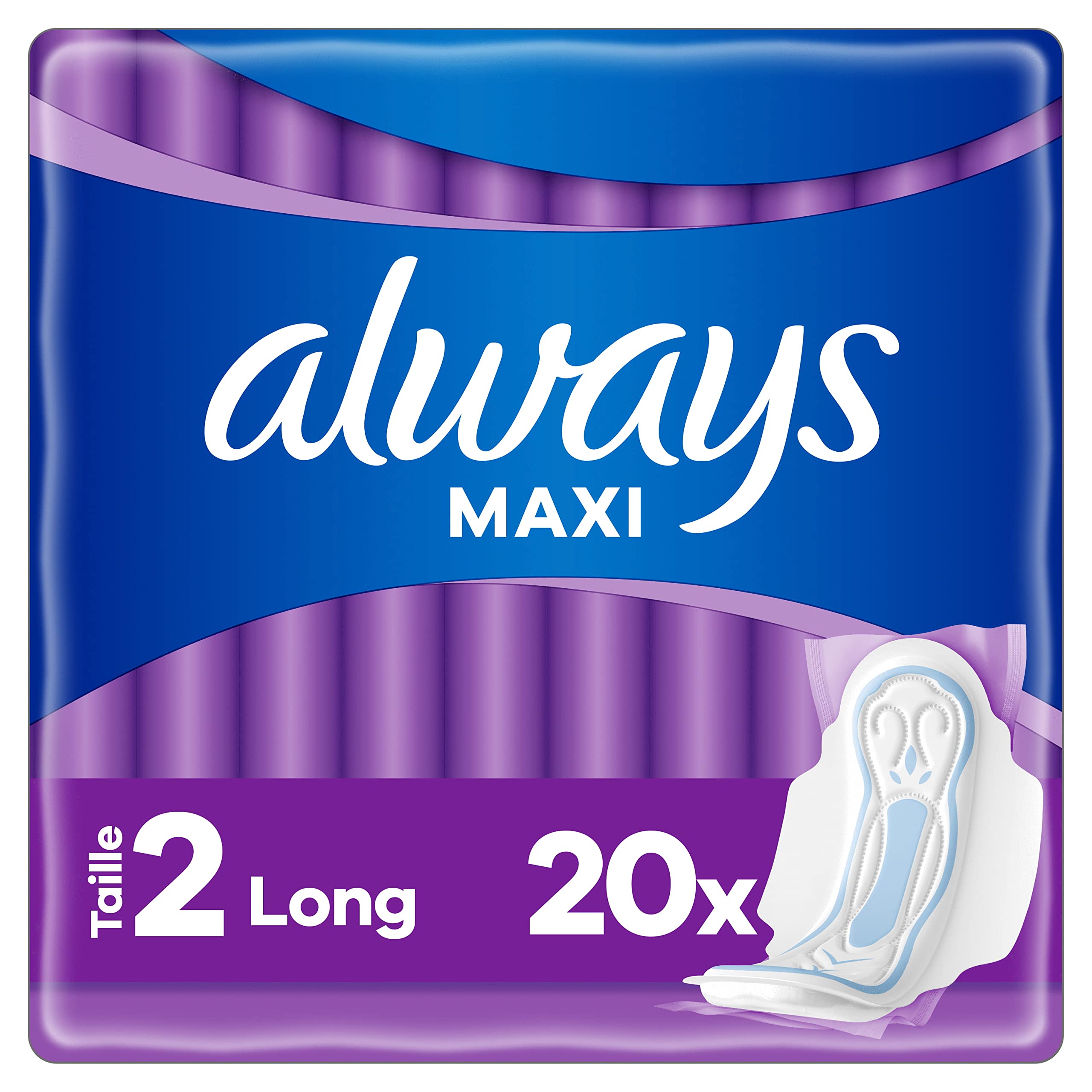 Always Maxi Sanitary Towels with Wings, Size 2, Long, 20 Individual Pouches, Optimum Protection and Comfort, 3 Protection Zones, Leak-Proof Barriers, Ultra Absorbent Heart