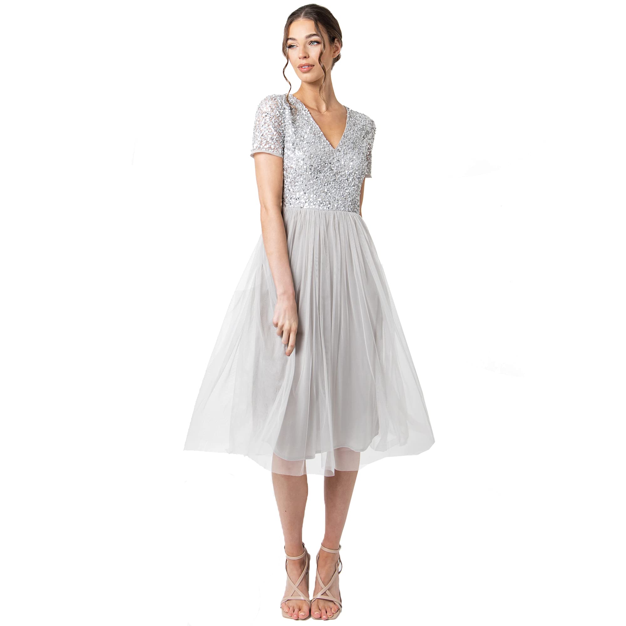 Maya Deluxe Women's Embellished Midi Evening Dress Ladies V Neckline with Short Sleeve for Prom Wedding Bridesmaid, Soft Grey, 12