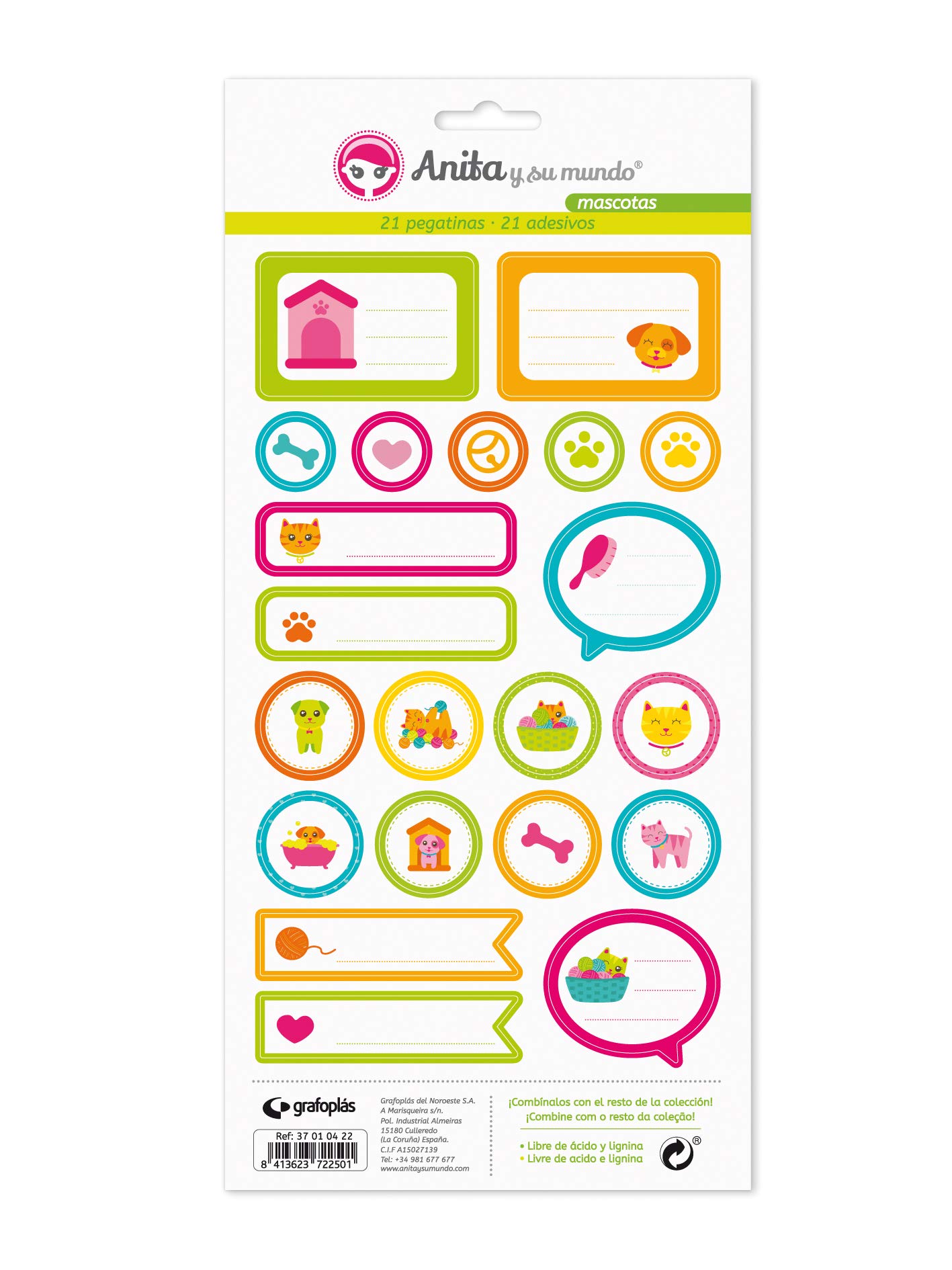 Anita and Su Mundo Collection Pets Stickers, 21 Designs Per Sheet, Paper, Multicoloured, 15 x 32 cm