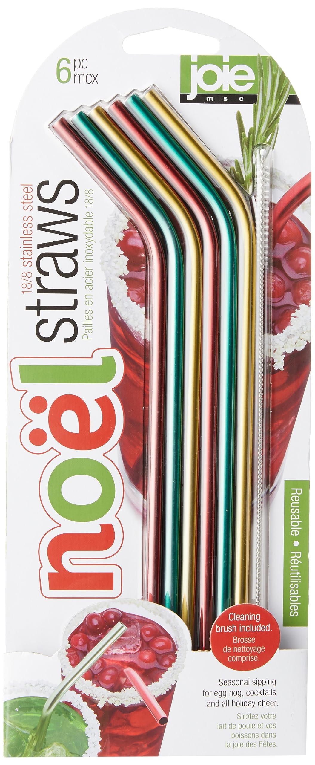 Joie Kitchen Gadgets 99363 Christmas Stainless Steel Straws Coloured, Plastic