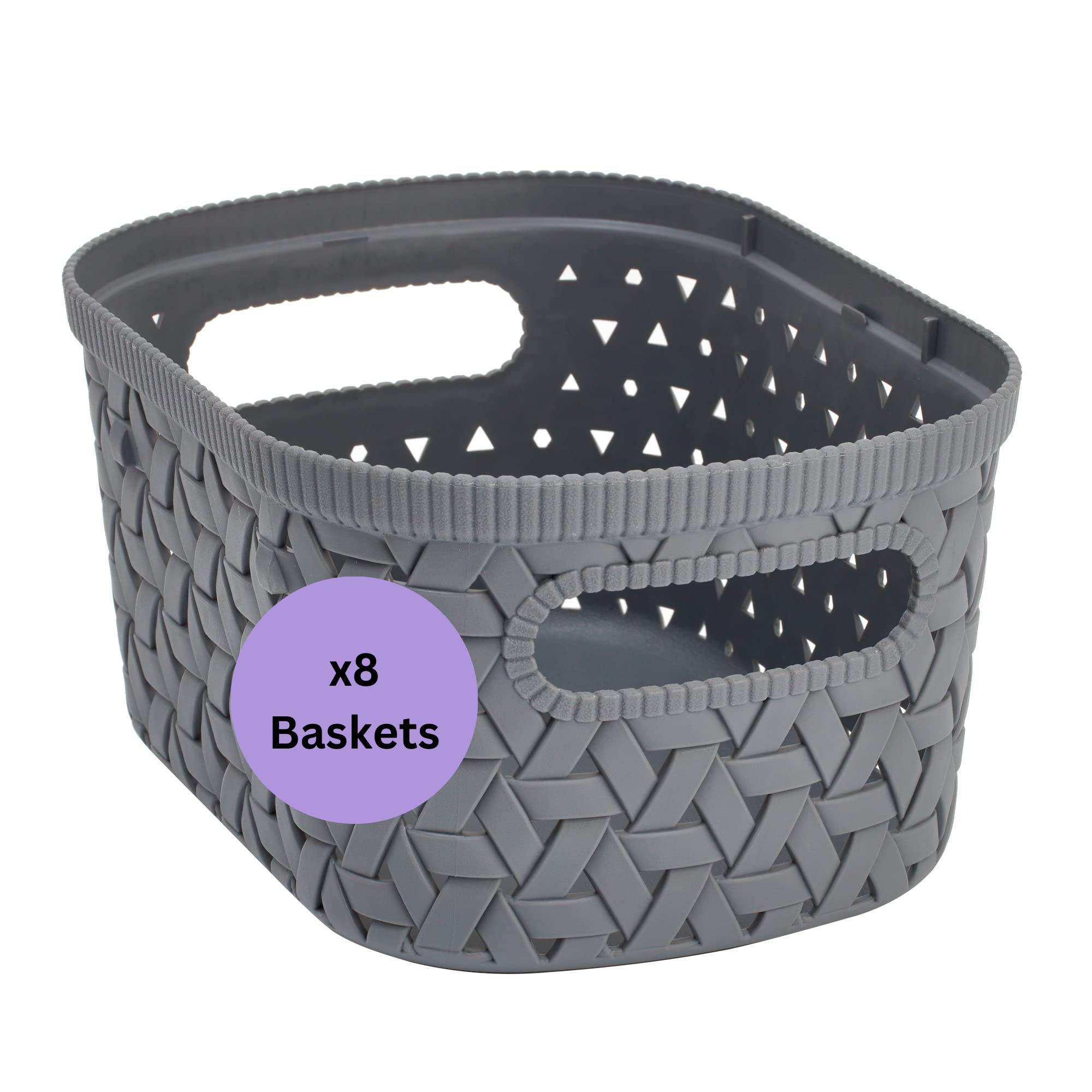 Store & Order Stackable Extra Small Storage Basket x8, Decorative Plastic Box, Multi-Functional Boxes for use around the home, Perfect Organiser Box for Kitchen or Bathroom Cupboard, Grey Rattan 2.3L