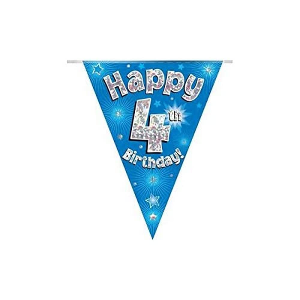 Party Bunting Happy 4th Birthday Blue Holographic 11 flags 3.9m