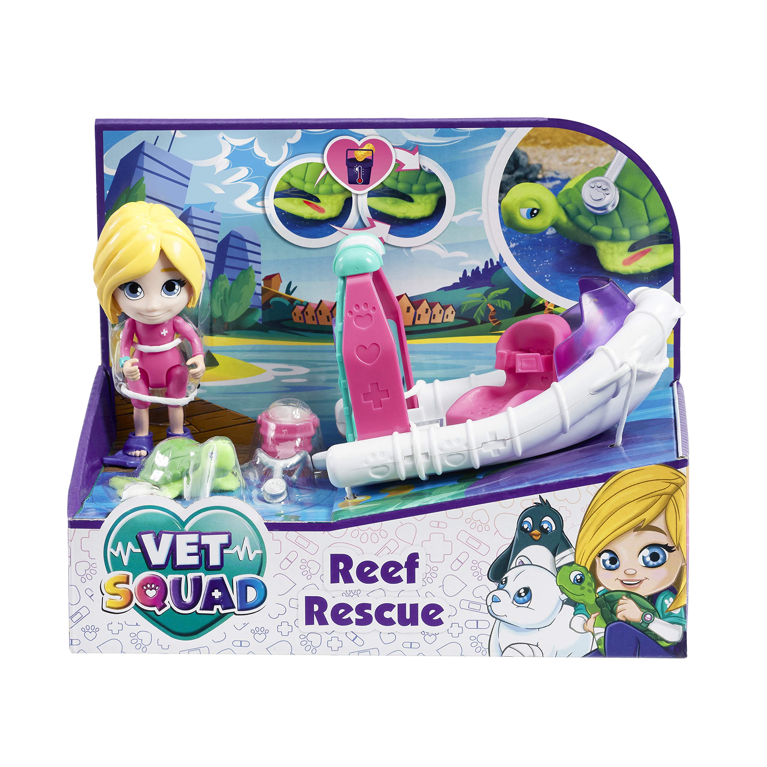 Vet Squad Reef Rescue-Emily & Boat, 3 Inch Articulated Vet Figure with Vehicle, pet and Accessories