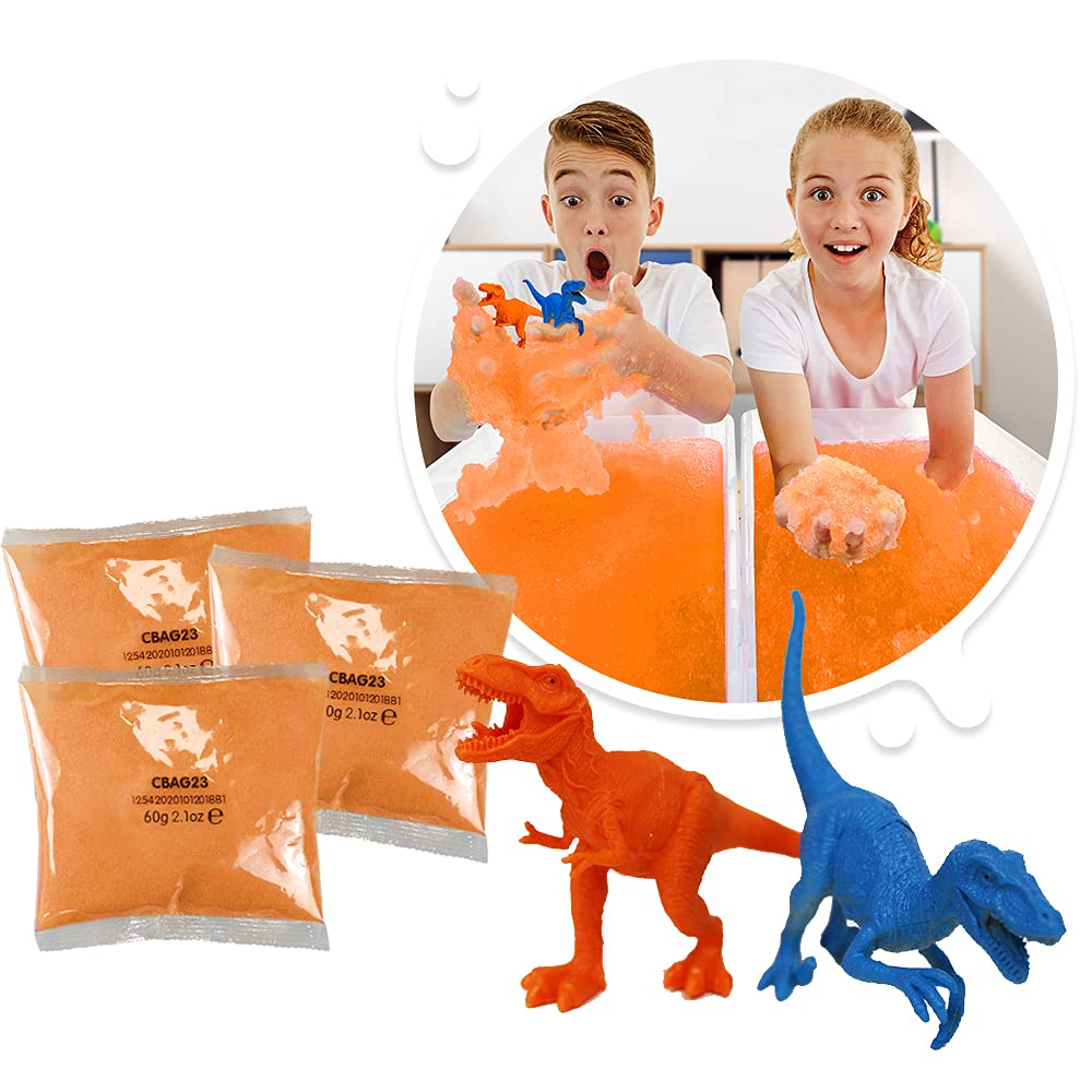 Dino Volcanic Play from Zimpli Kids, Turns water into thick, colourful goo, 3 x Orange Gelli Play & 2-piece Dinosaur Figure Playset for Children, Educational Dino Toys for Boys & Girls