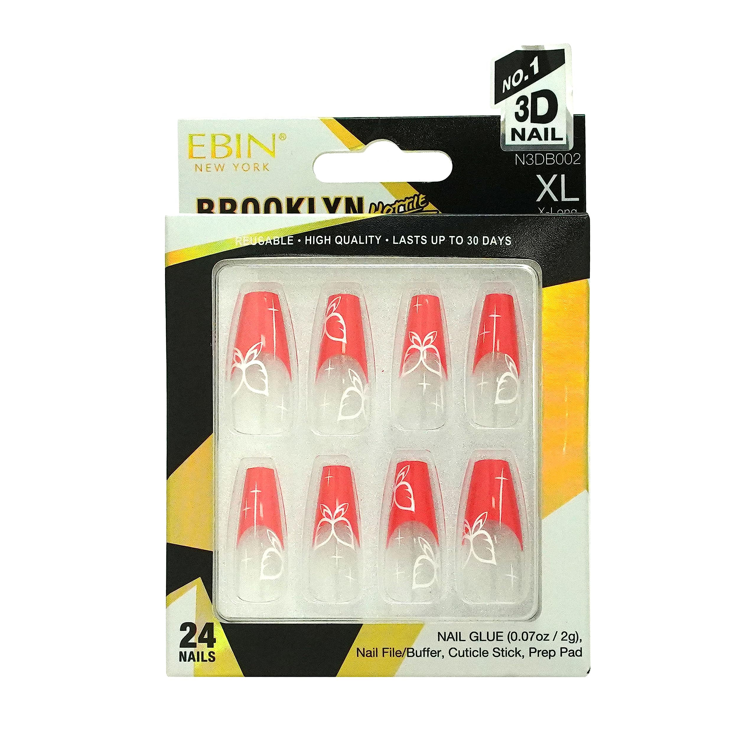 EBIN NEW YORK BROOKLYN HOTTIE - Bodega Princess | Press-On Nail Set in Long Coffin Style, Salon Acrylic Finish, Includes Prep Pad, Mini Nail File & Nail Glue, Cuticle Stick and 24 Nails