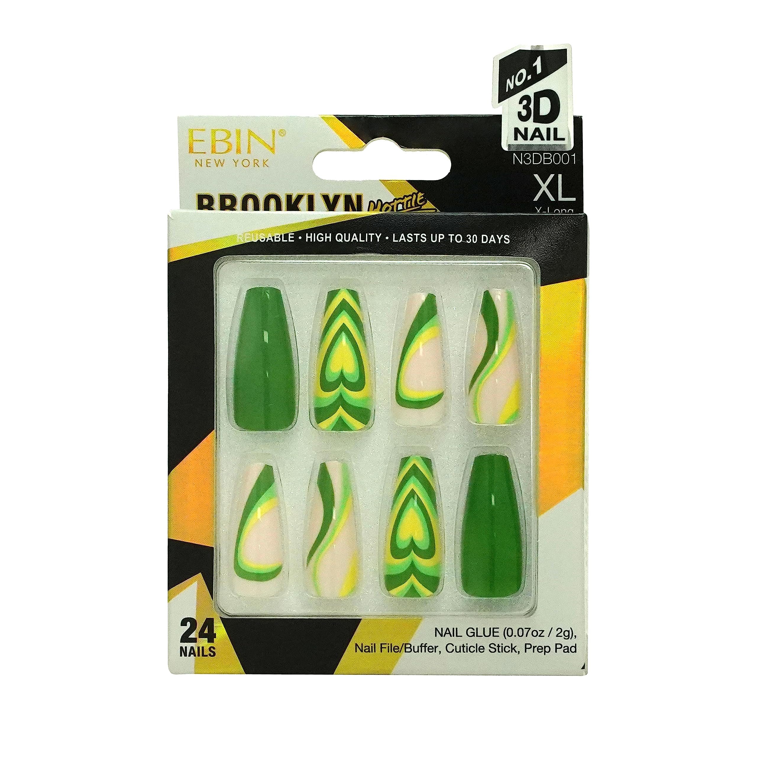 EBIN NEW YORK BROOKLYN HOTTIE - Baby Girl | Press-On Nail Set in Long Coffin Style, Salon Acrylic Finish, Includes Prep Pad, Mini Nail File & Nail Glue, Cuticle Stick and 24 Nails