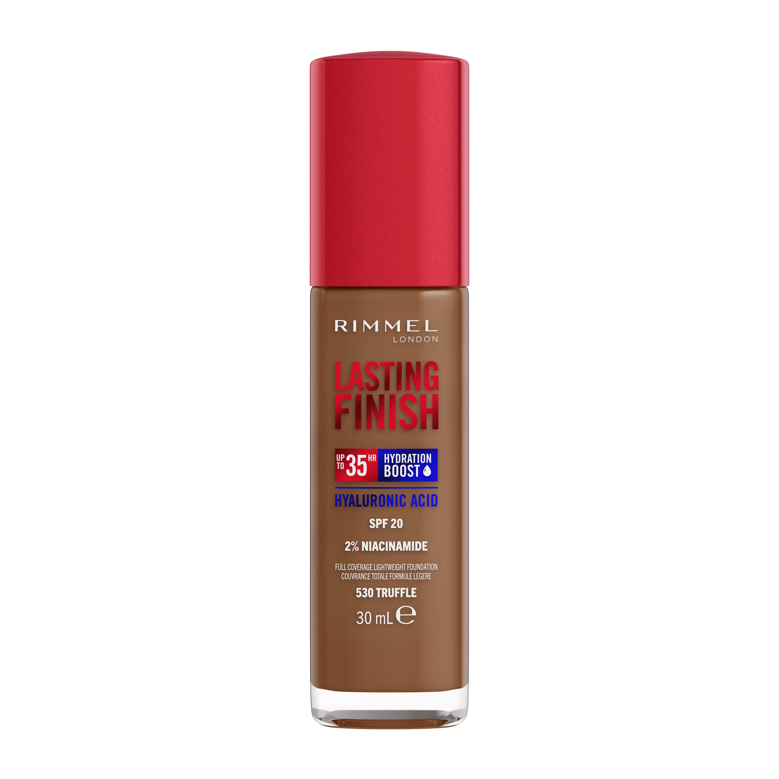 Rimmel Lasting Finish 35Hr Foundation 530 Truffle, Full Coverage, Hydrating, SPF20, Hyaluronic Acid, Vitamin E, 2% Niacinamide, All Day Wear, Vegan, Cruelty Free