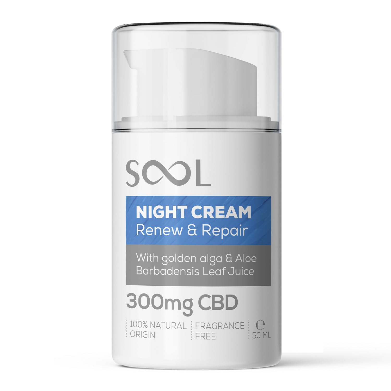 SOOL Night Facial Cream Renew & Repair 300mg CBD, 50ml | Cellular Repair Cream for All Skin Type | Best Night Cream for Face with Golden Alga