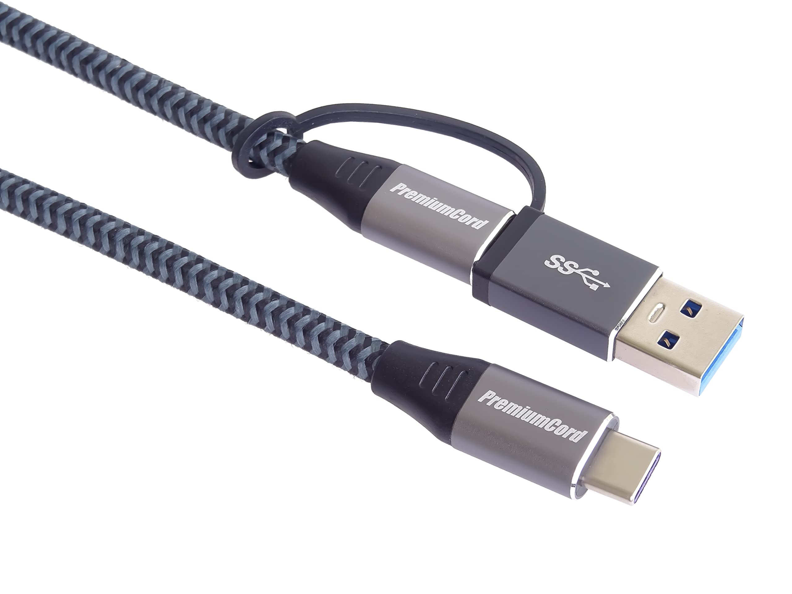 PremiumCord USB 3.2 Gen 2 Type-C Cable, Male to Male, Charging up to 5A, 100W, Super Speed 20 Gbps, Aluminium Connector Caps, Cotton Braid + Reduction USB-C/USB-A, Length 2 m, Black-Grey