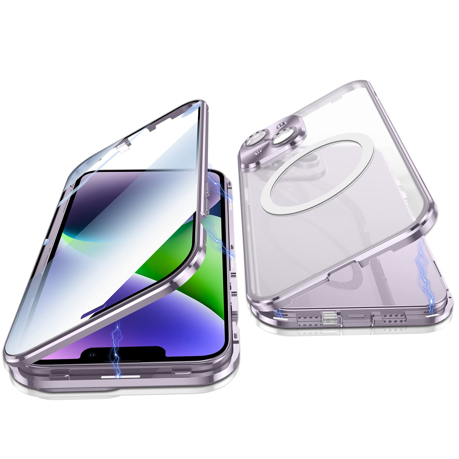 Jonwelsy Case for iPhone 14, 360 Degree Double-sided Protection Compatible with Magsafe Magnetic Adsorption Metal Bumper Front Tempered Glass Back Frosted PC Cover for iPhone 14 6.1" (Purple)
