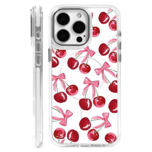 DAIZAG Case for iPhone 14, [Compatible with MagSafe],Pink Ribbon Bow Cherry Colorful Phone Case for Women Girls Magnetic Clear Cover Case for iPhone 14