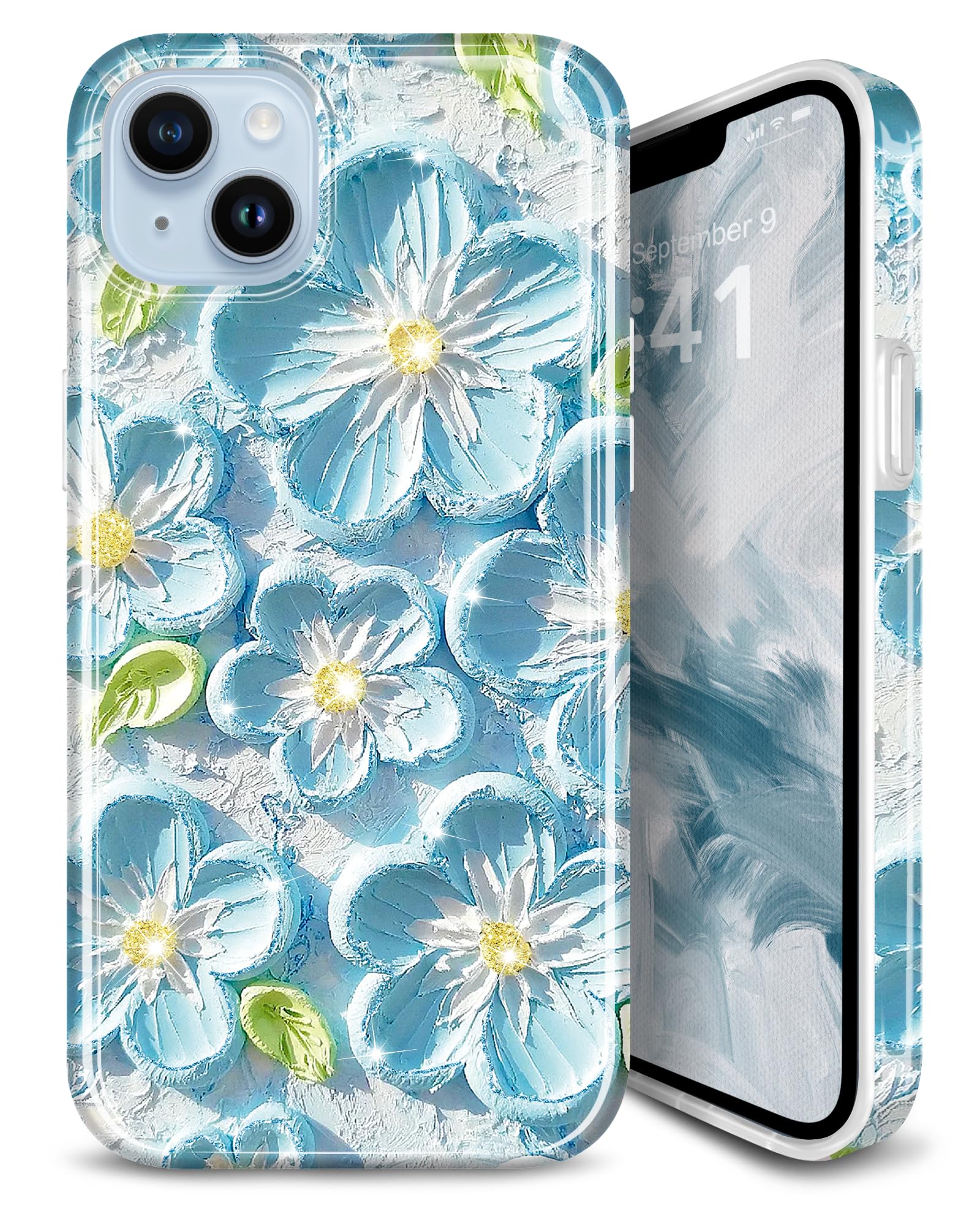 JIAXIUFEN Case for iPhone 14 iPhone 13 Sparkle Glitter Retro Oil Painting Printed Flower Design Slim Shockproof Protective TPU Soft Silicone Cover Phone Case Mint Blue
