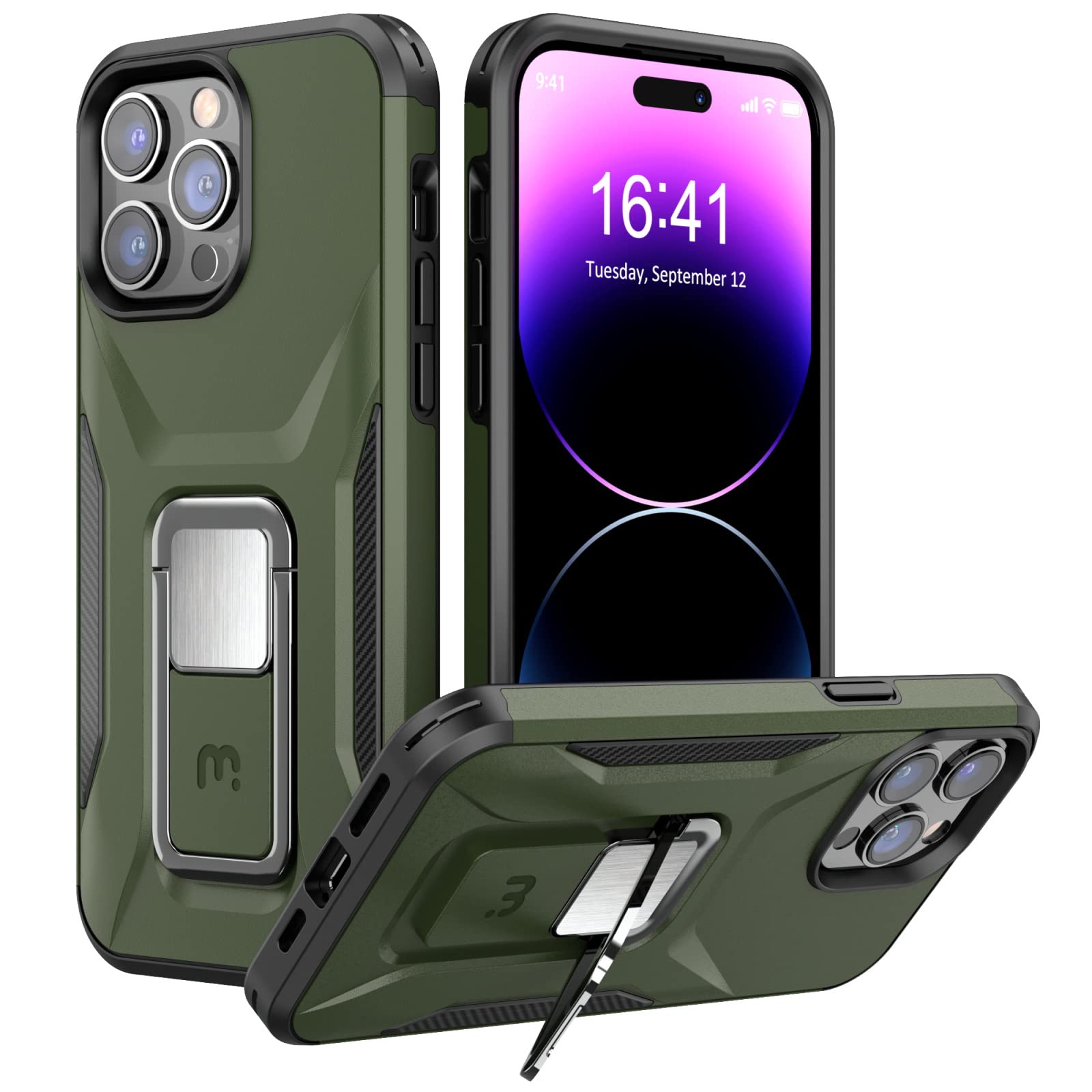 MYBAT Pro Stealth Series Handyhülle für iPhone 14 Pro Hülle mit Ständer 15.5 cm (6.1 Zoll), unterstützt magnetische Autohalterung, militärische Qualität, robuste Stoßstangen-Abdeckungen (Armeegrün)