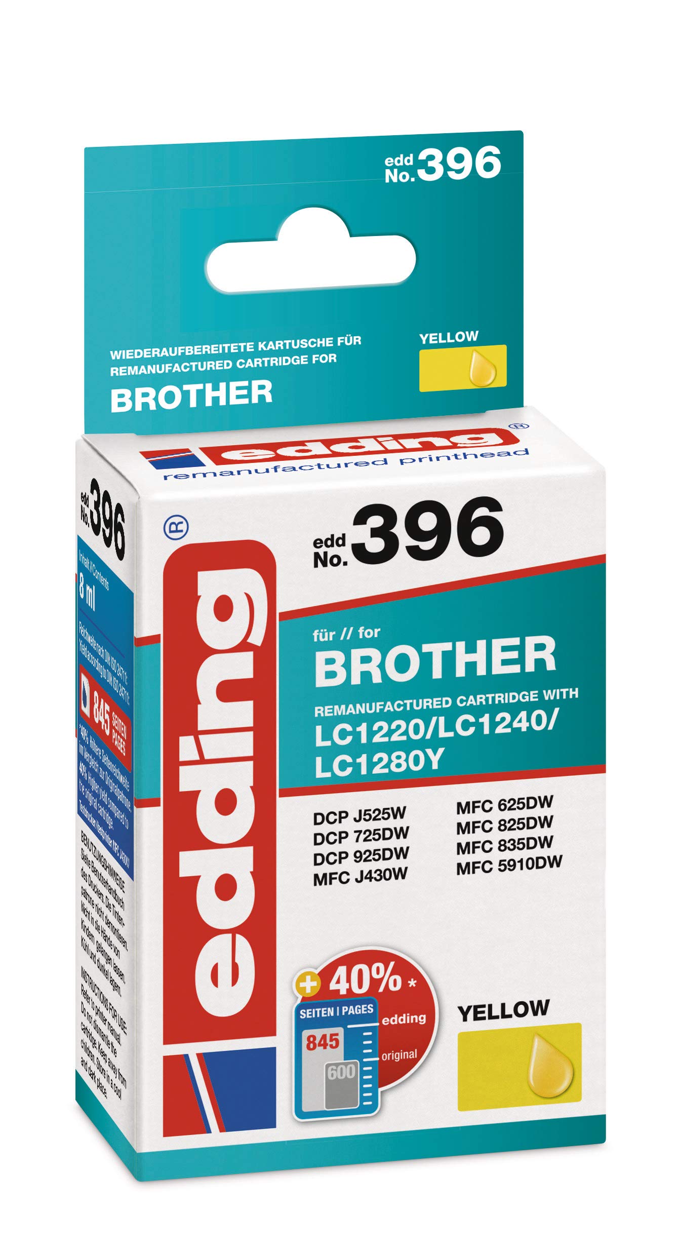 edding EDD-396 Ink Cartridge - Single Cartridge - Yellow - 8 ml - Yield 885 Pages - Replaces Brother LC1240Y