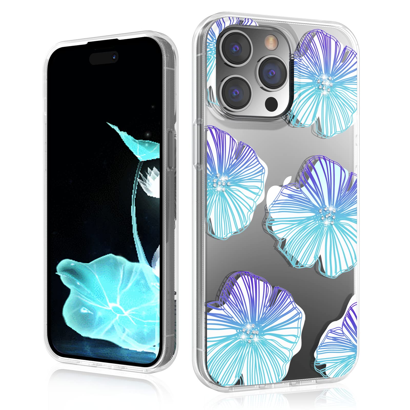 MYBAT PRO Slim Clear Crystal Case for iPhone 14 Pro Max Case 6.7 inch, Cute Stylish Mood Series for Women Girls Shockproof Non-Yellowing Protective Cover, Bling Diamond Flower Pattern, Blue Seashell