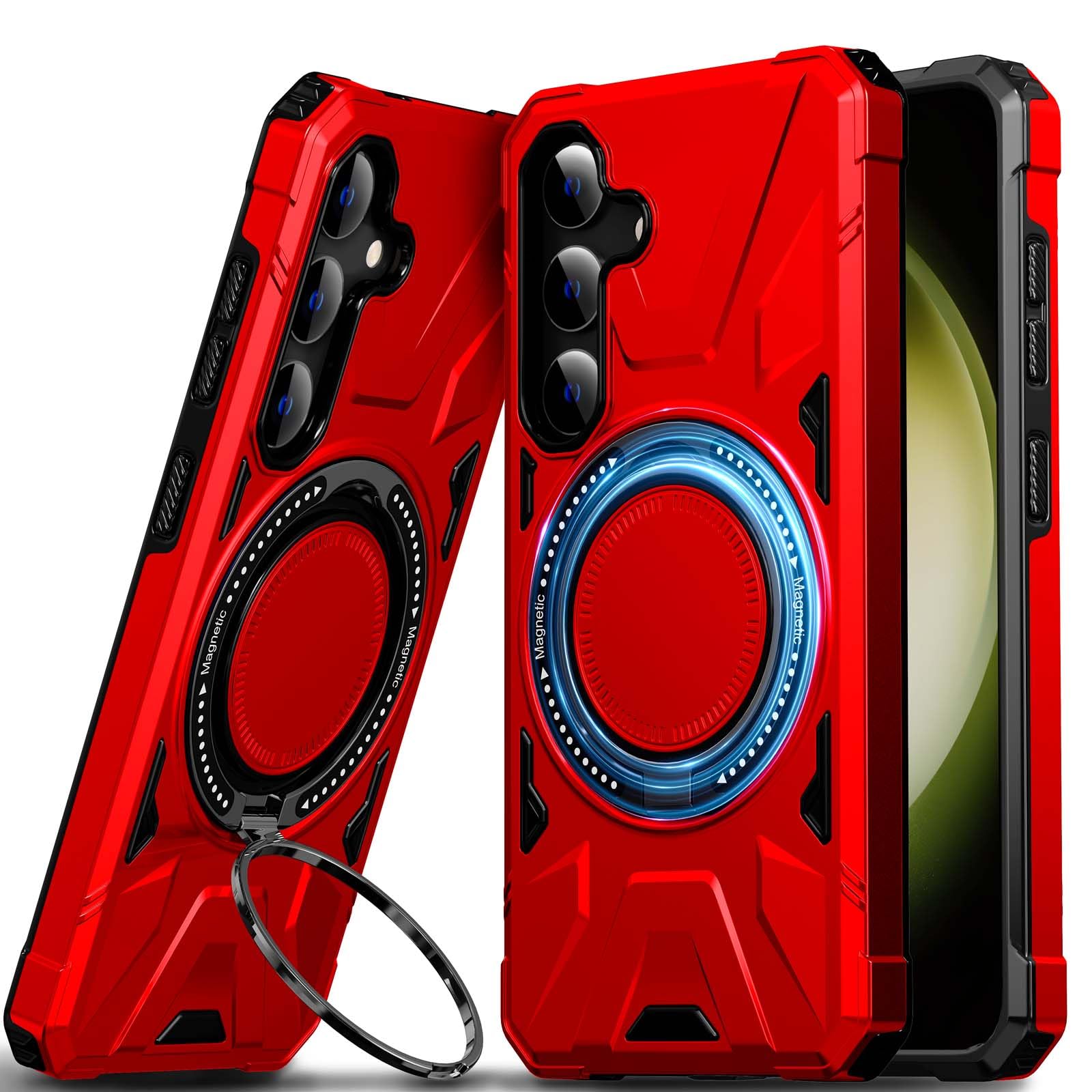 DASFOND Armor Shockproof Rugged for Galaxy S24 Case, with 360 Rotate Ring Kickstand [Super NO.1 Protective Hard], Heavy Metal Duty Protection Hard Phone Case for Samsung Galaxy S24 6.2'', Red