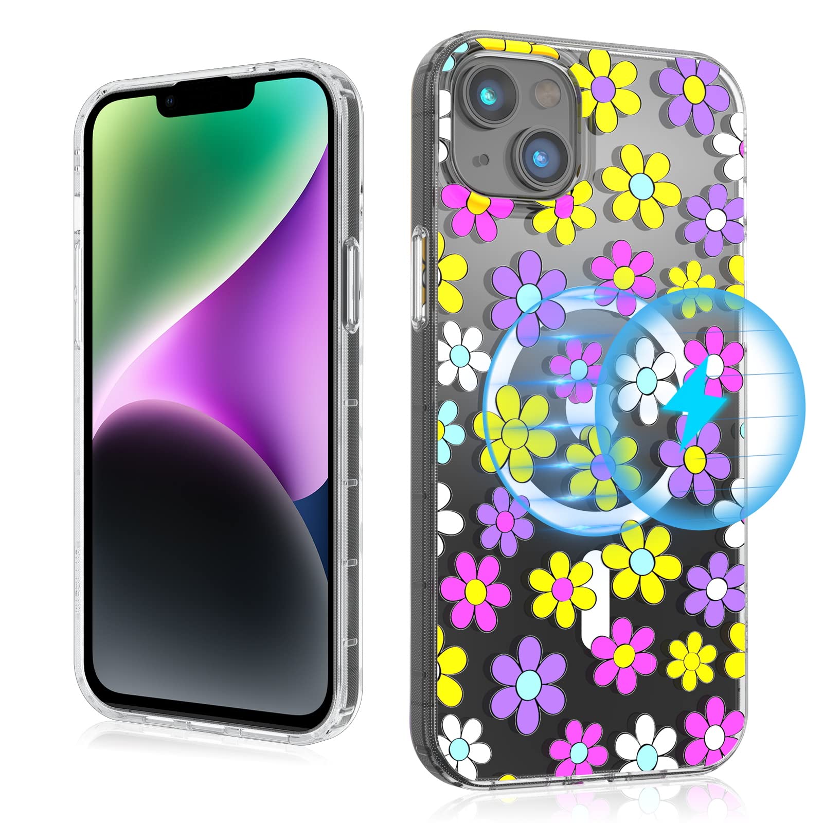 MYBAT PRO Magnetic Slim Clear Case for iPhone 14 Case 6.1", Compatible with MagSafe, Cute Crystal Mood Series for Women Girls, Military Grade Drop Shockproof Non-Yellowing, Multi Color Daisy
