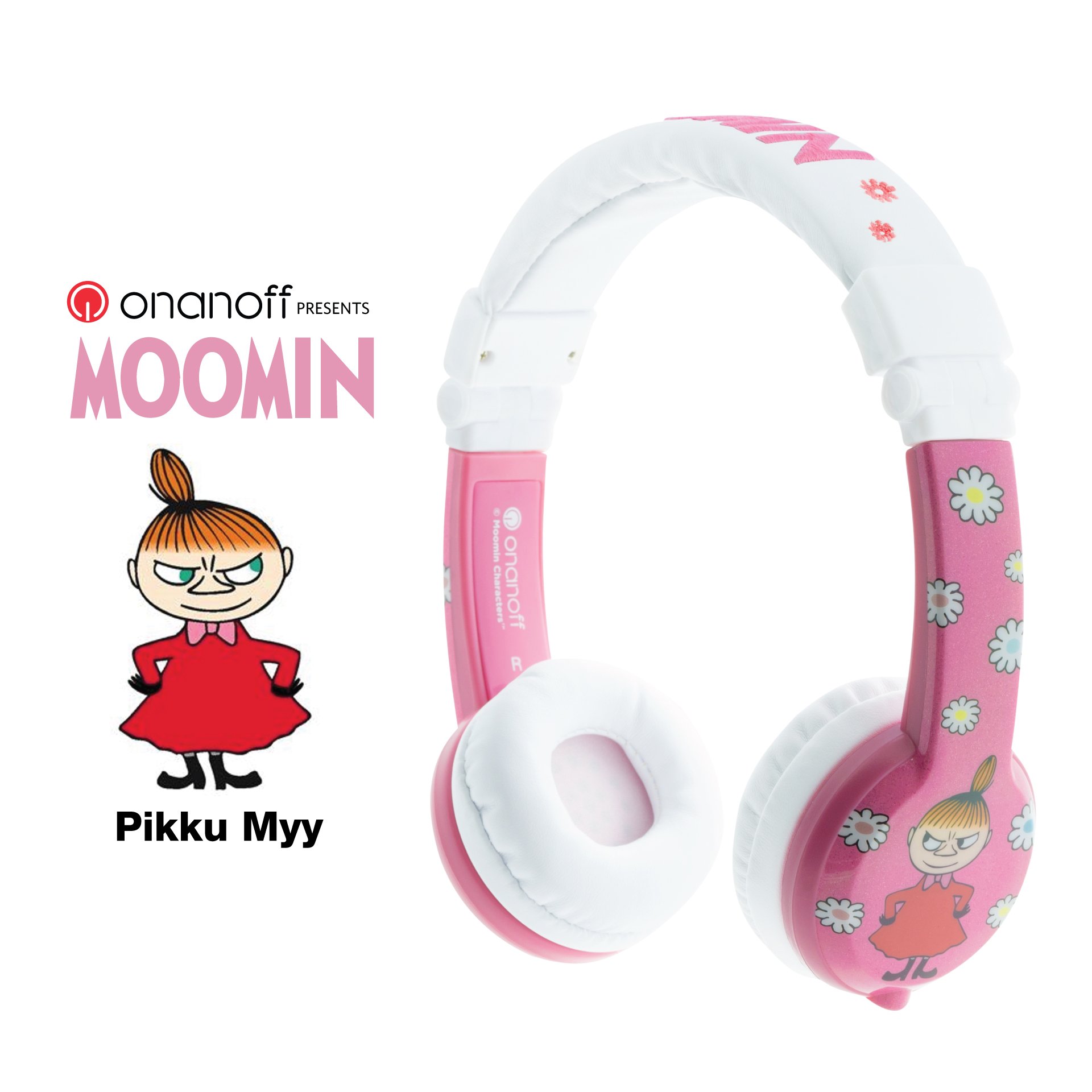 Volume Limiting Kids Headphones by Onanoff - Moomin Foldable | Durable & Comfortable | Built in Headphone Splitter and In Line Mic | Great for School | For iPad, Kindle, Computers & Tablets | Pink