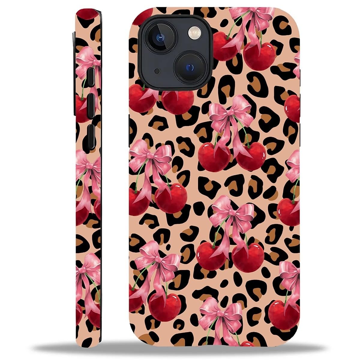 Kapadiy Compatible with iPhone 13 iPhone 14 Case, Leopard Print with Cherry Bow, Hybrid Silicone + Hard PC, Heavy Duty Protection, Screen & Camera Protection