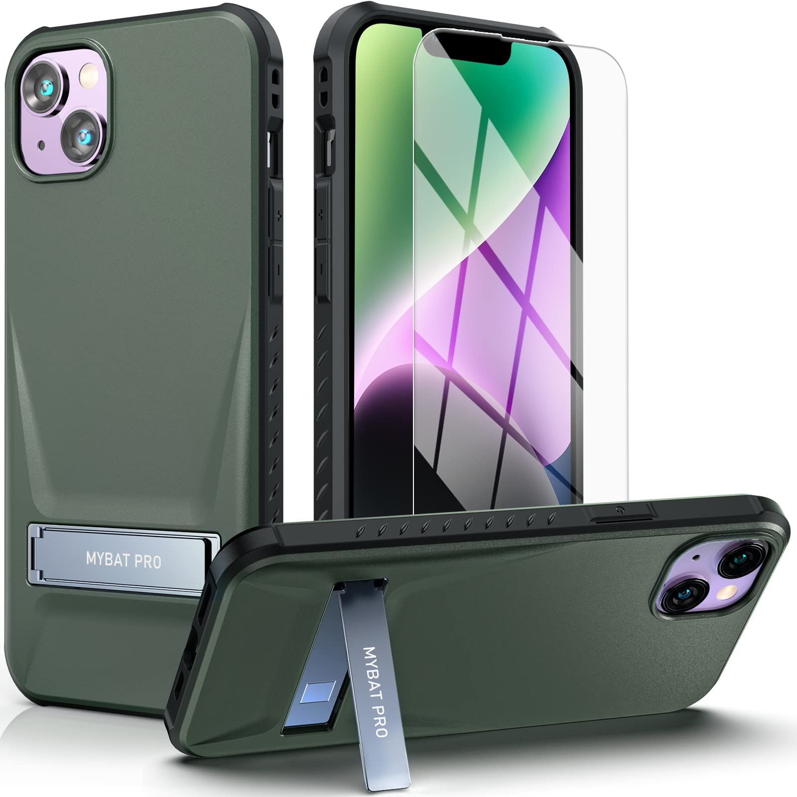 MyBat Pro Beyonder Series for iPhone 14 Case with Stand and Screen Protector (6.1"), Military Grade Protective Slim Thin Durable Hard Shockproof Slip Proof Simple Solid Cute Case for Men, Green