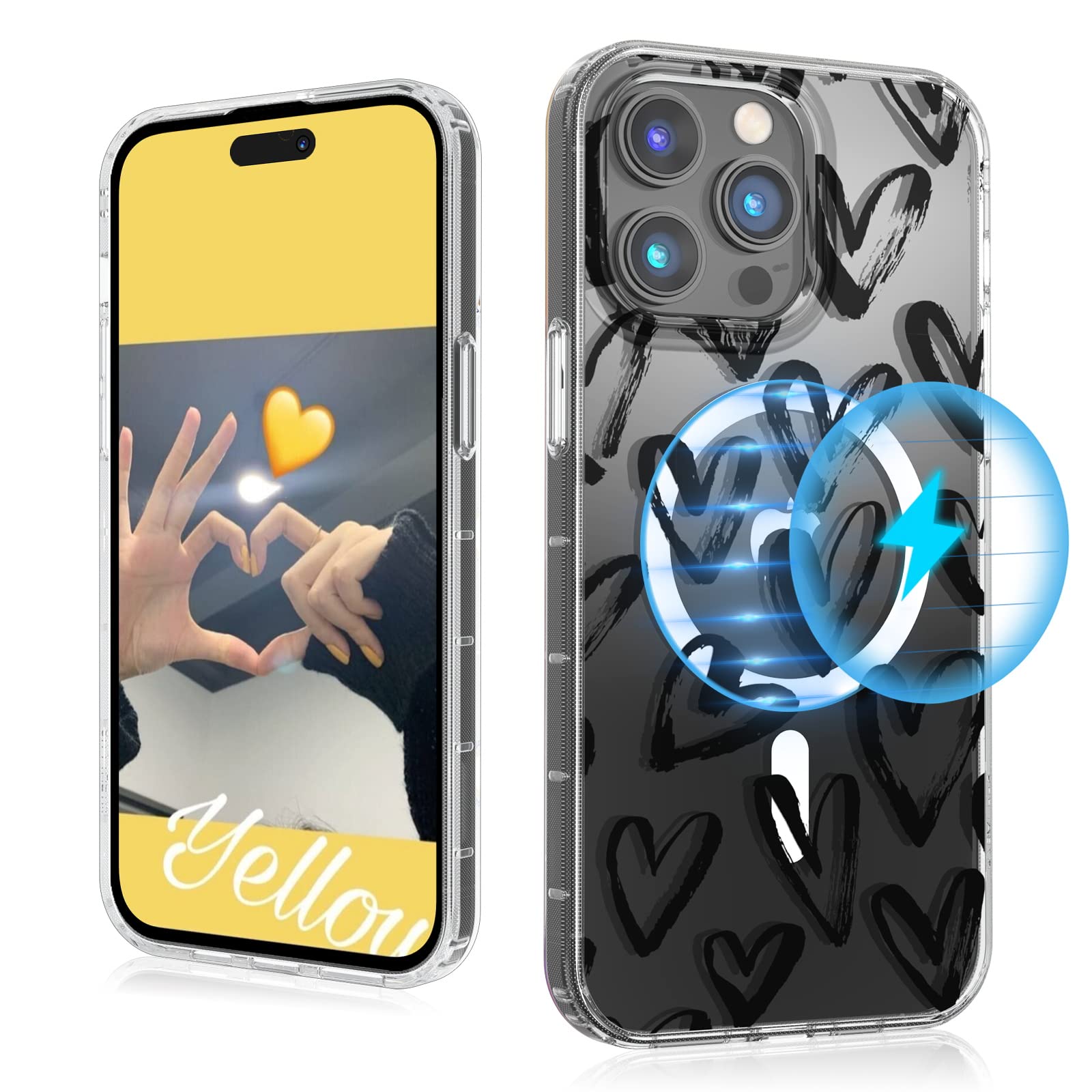 MYBAT PRO Magnetic Slim Clear Case for iPhone 14 Pro Max Case 6.7 inch, Compatible with MagSafe, Cute Crystal Mood Series Military Grade Drop Shockproof Non-Yellowing Protective Cover, Black Hearts