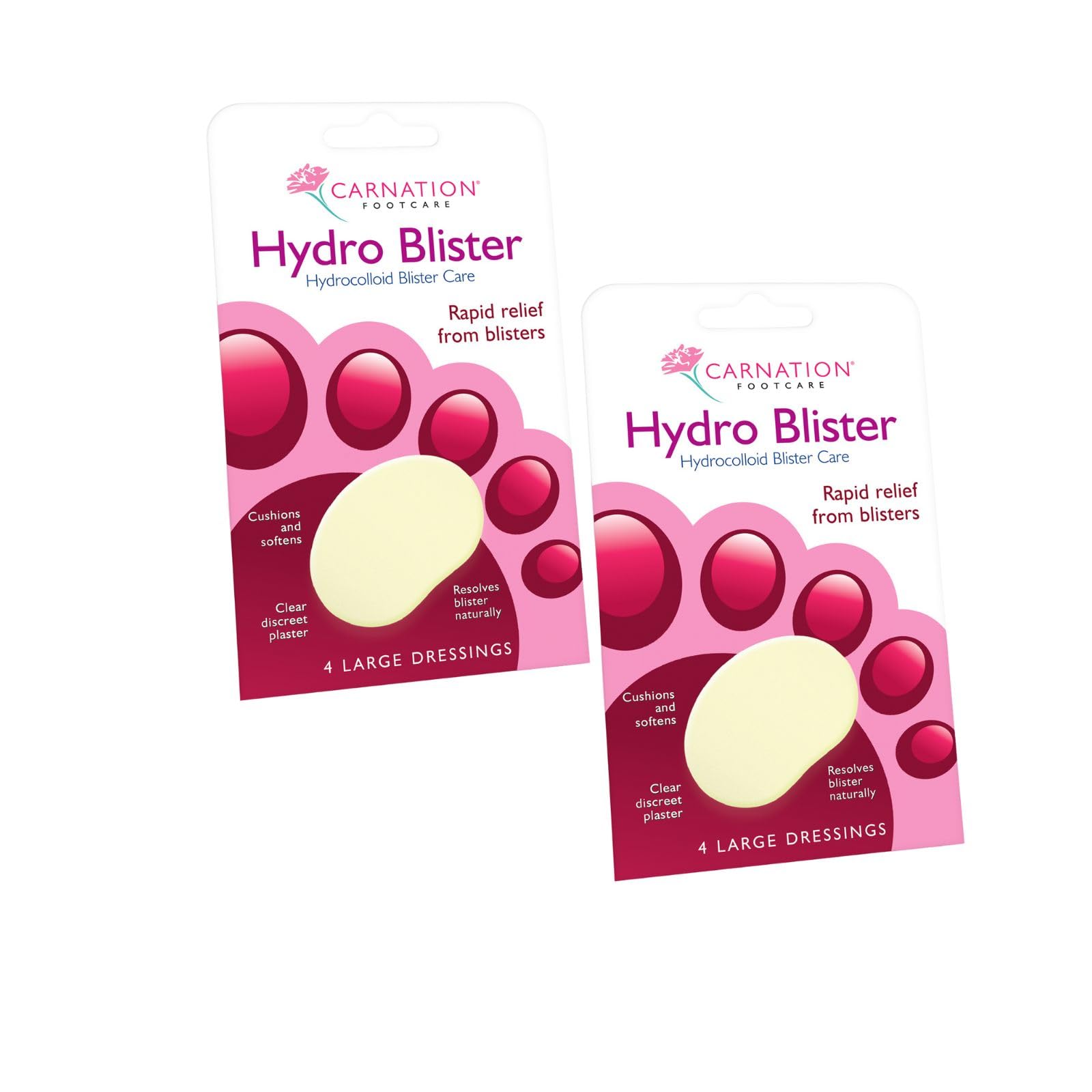 CARNATION Hydro Blister Plasters Offers Rapid Relief from blisters. Hydrocolloid Dressing Promotes Fast Healing. Relieves Friction. 2 Pack Size containing 8 Large dressings in Total.