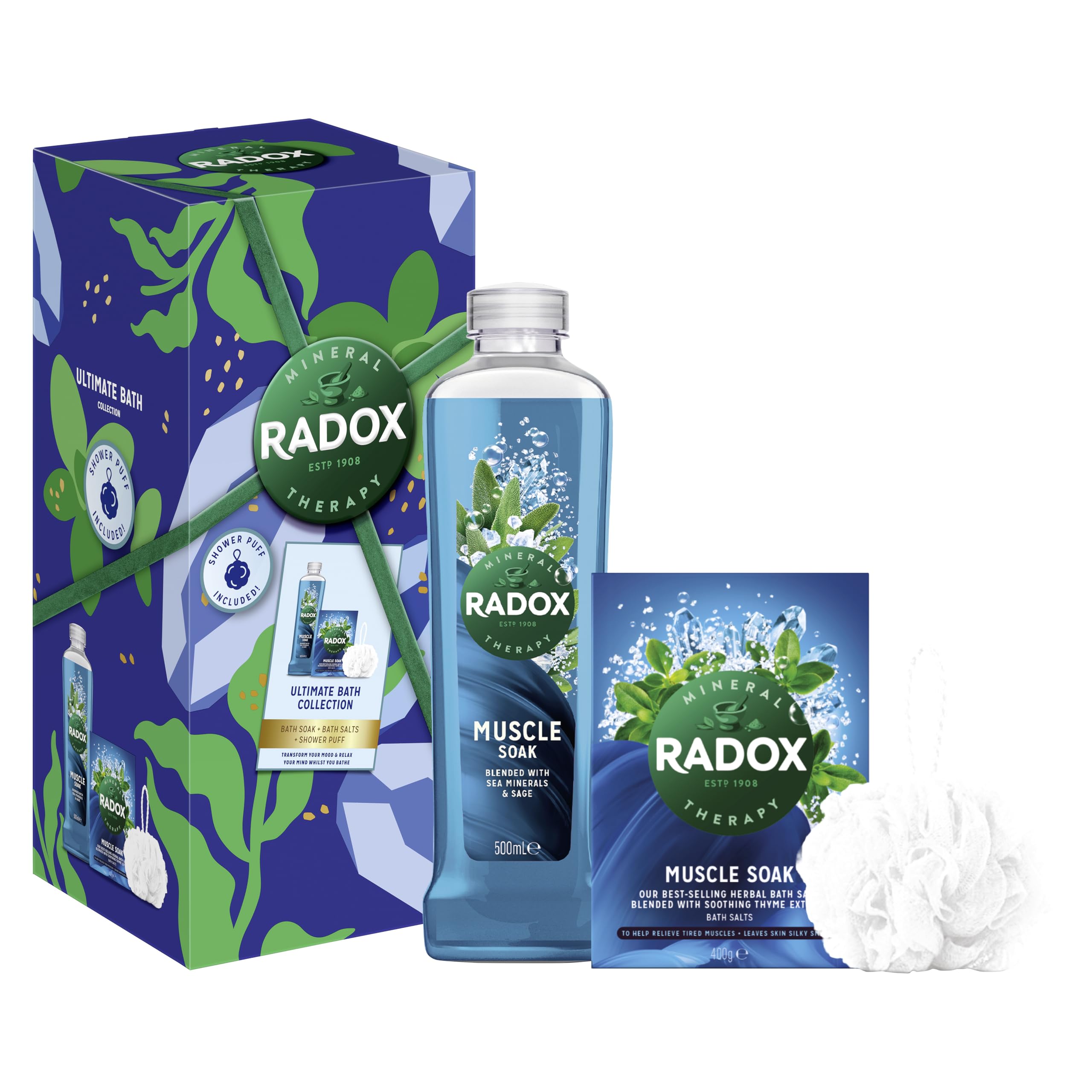 Radox Ultimate Bath Collection Gift Set Bath Soak, Bath Salts & Shower Puff perfect for any occasion 2 piece