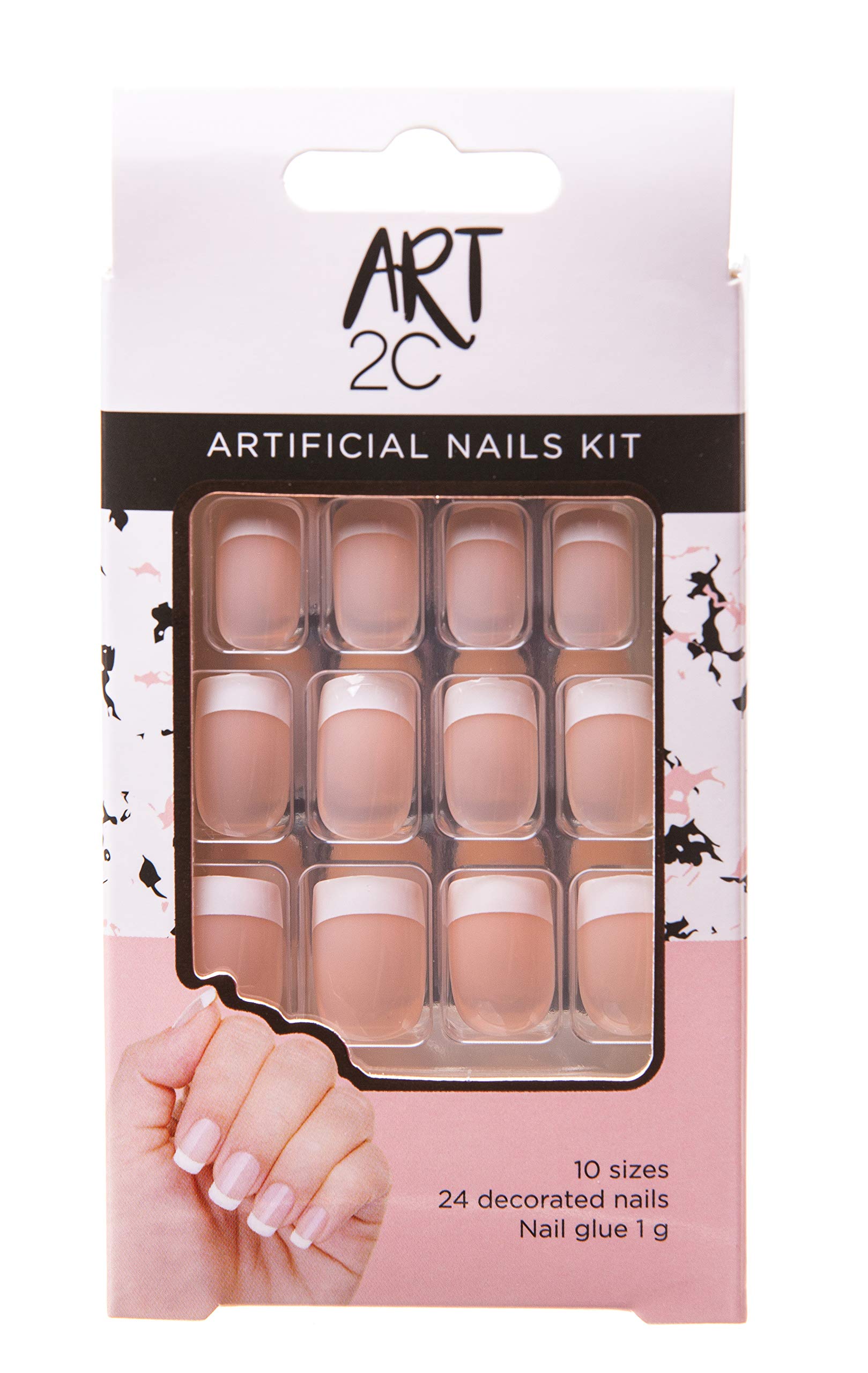 Art 2C Artificial French Nails Set With Glue Fitted Shape Easy Removal 001
