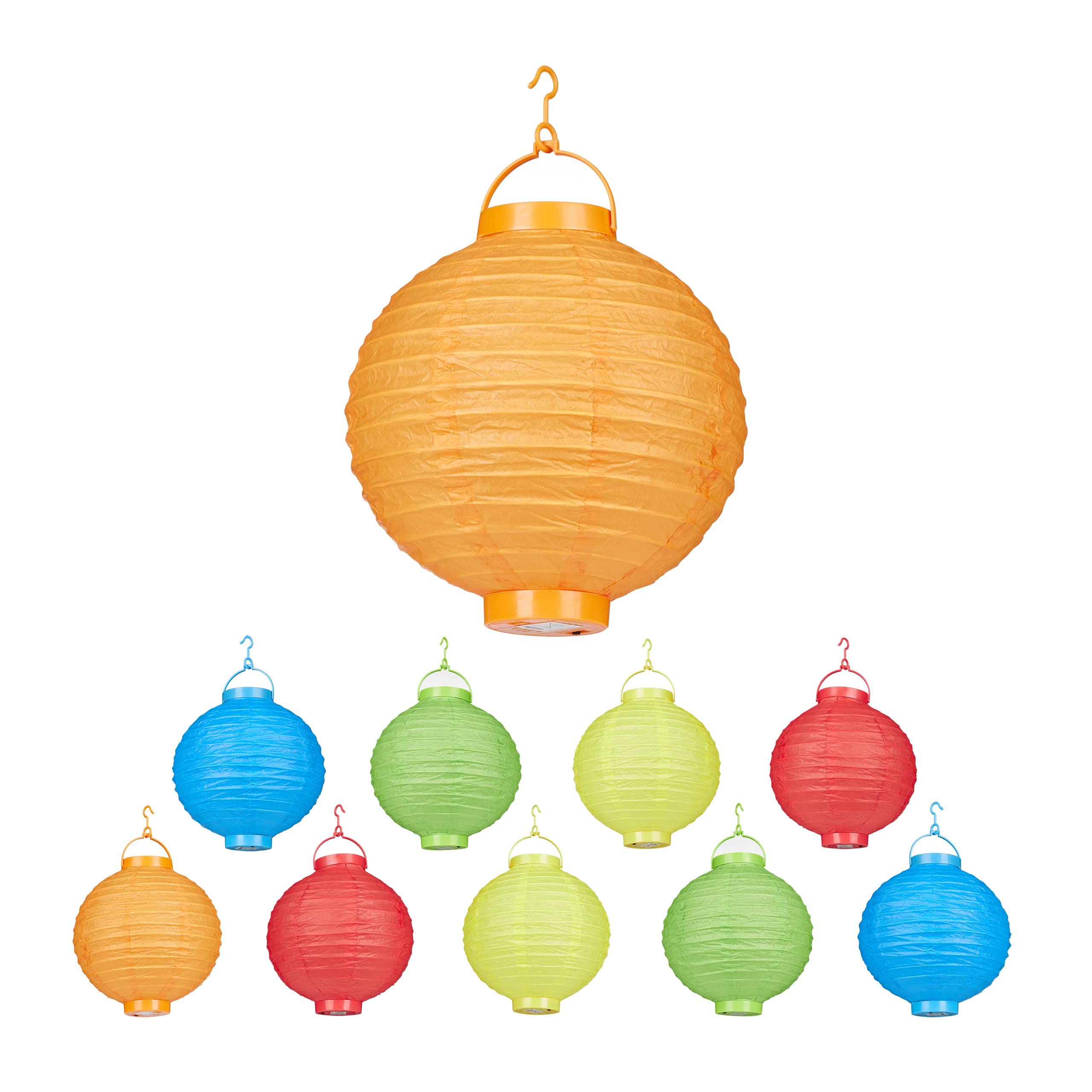 Relaxdays Colourful LED Lampions, 10-Piece Set, Battery-Powered, Indoor & Outdoor, Hangable, Paper Lantern, Ø 20 cm, Colourful