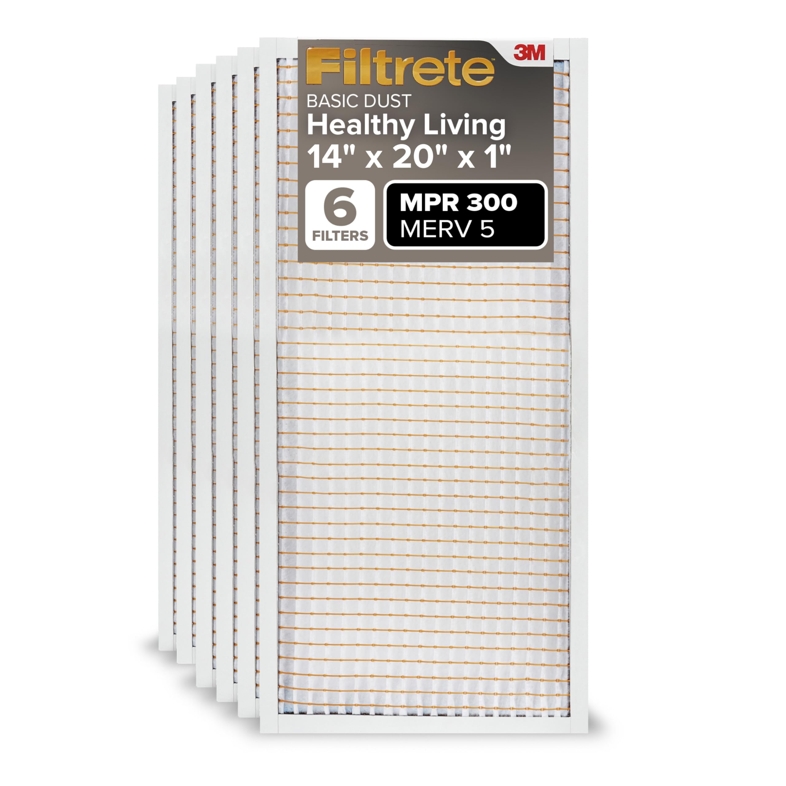 Filtrete 14x20x1 Air Filter MPR 300 MERV 5, Clean Living Basic Dust Furnace Filter, 6-Pack (Exact Dimensions 13.81x19.81x0.81)