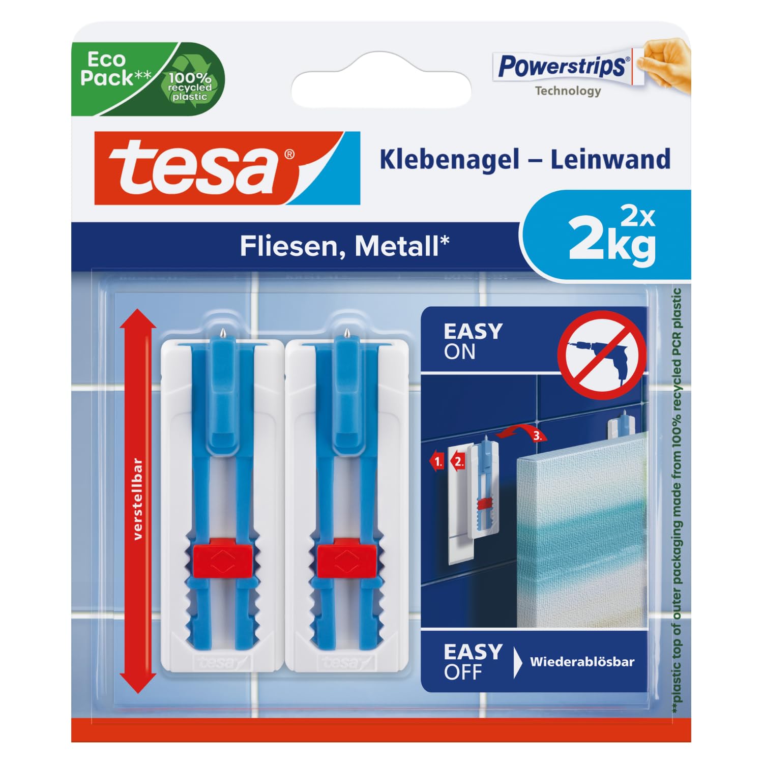 tesa® adhesive nail canvas - tiles & metal – adjust. height – self-adh. nail – for canvas & pict. frame – adh. strength 2kg/nail – removable w/out trace