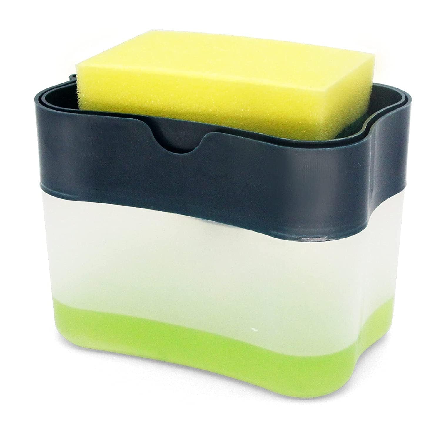 SKY-TOUCH 2-in-1 Rack Shelf Soap Detergent Dispenser Pump Large Capacity with Sponge 1 Hand Operation (A, 5.1X3.35X3.5 Inches), Acrylonitrile Butadiene Styrene (ABS), Black