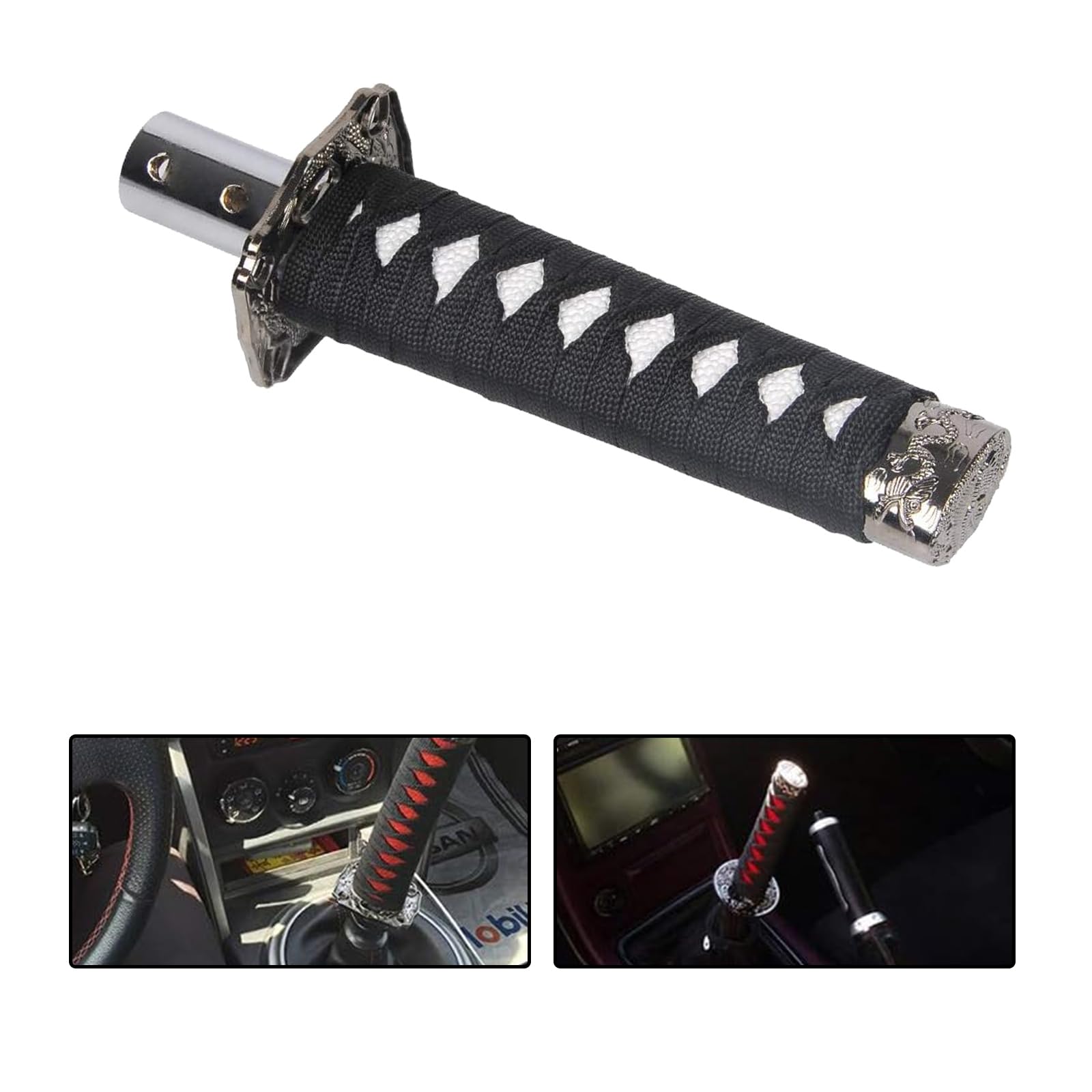 Gseigvee 1 PC Car Katana Samurai Gear Shift Head, 6.1" Shift Knob Protective Cover with 4 Adapter, Personalized Gear Lever, Universal for Most Manual Transmission Cars (White & Black)