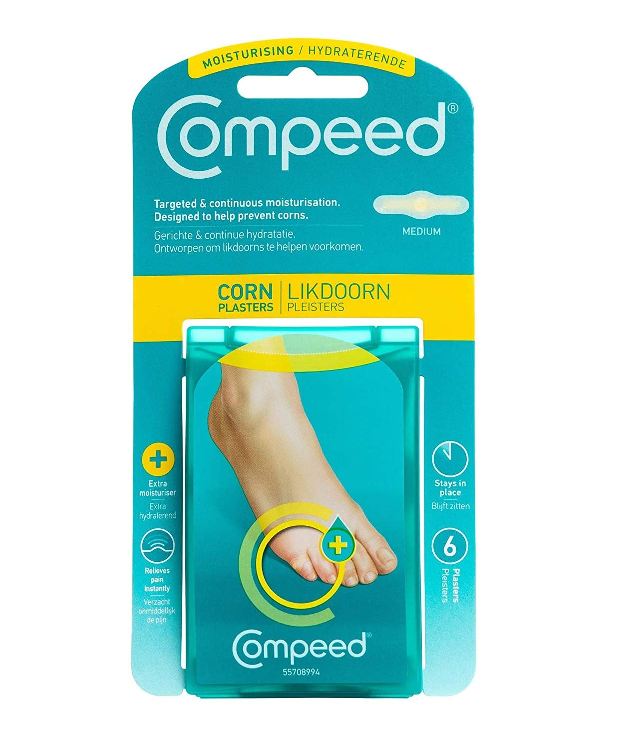 Compeed Corn Moisturising Plaster Pack of 6, Medium Sized - Hydrocolloid Gel - Heal Fast