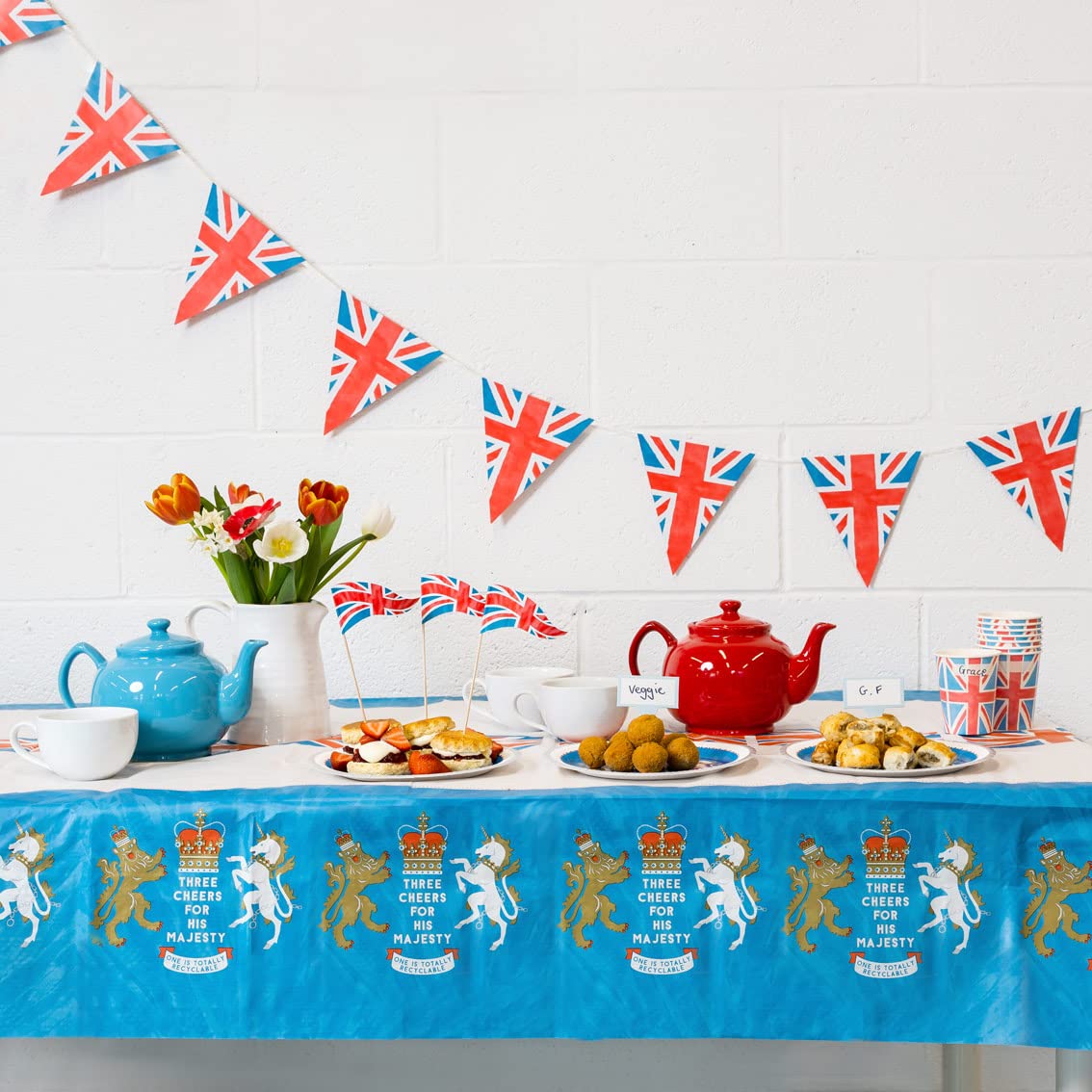 Talking Tables Recyclable Coronation Disposable Table cover/Paper Tablecloth|King Charles Coronation Street Party Table Decorations King Charles Street Party Decorations 180 x 120cm,Red, White,Blue