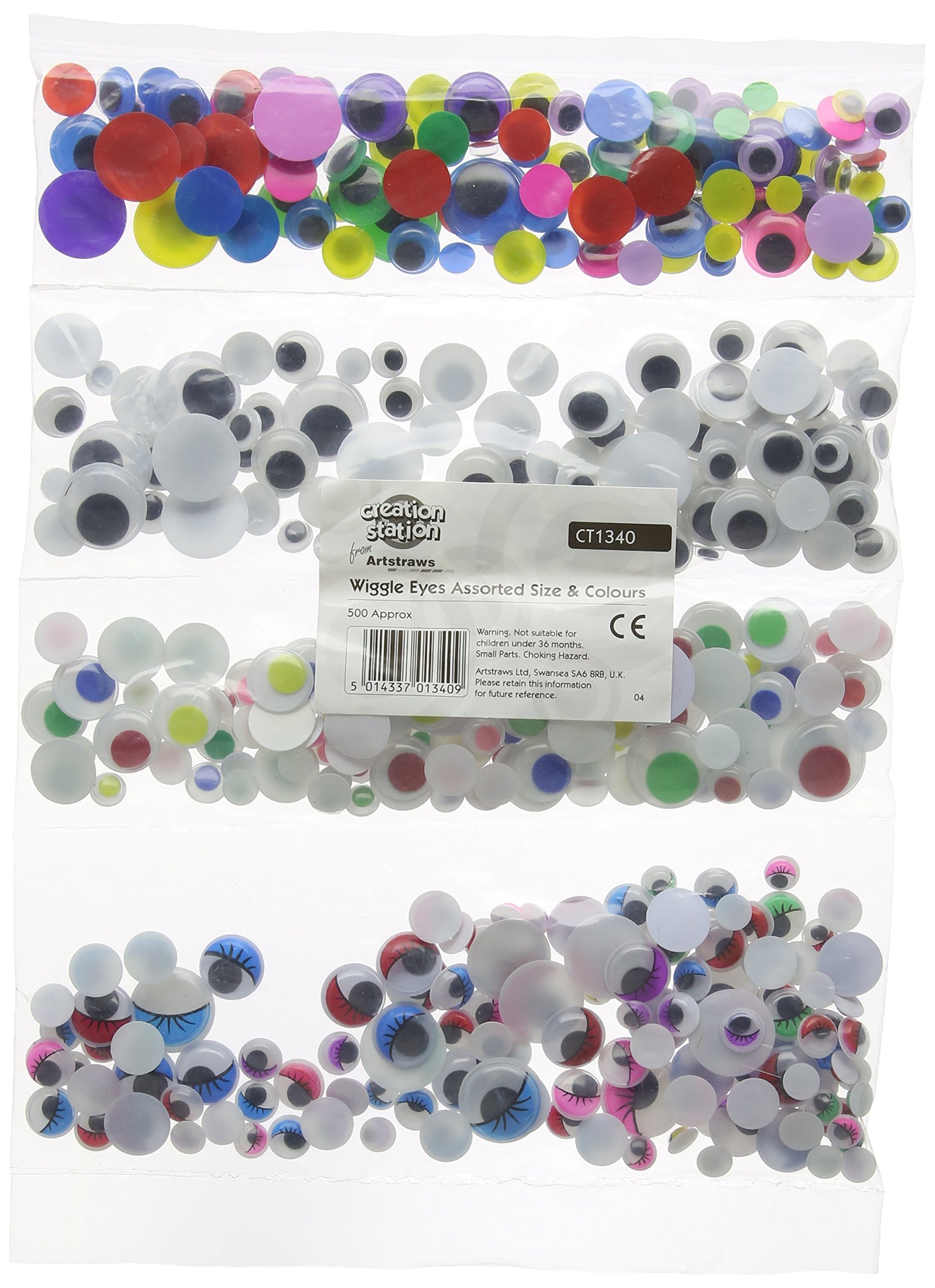 Creation Station Wiggle Eyes Assorted Size, Pack of 500, Colours Black/Lashes/Coloured Centres and Coloured Eyes