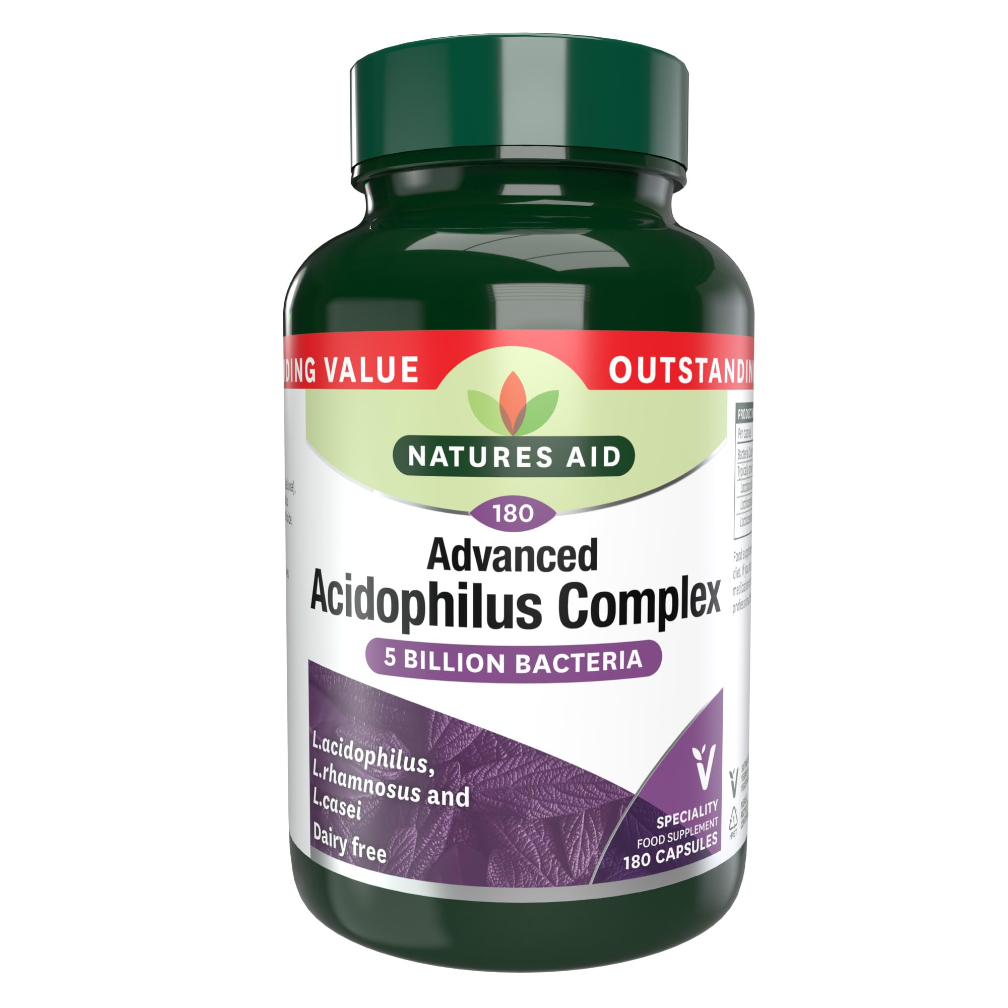 Natures Aid Acidophilus Complex 5 Billion Bacteria CFU – High Strength Supplement Lactobacillus Acidophilus Rhamnosus Casei Supports Digestive & Immune Health – Vegan Gluten-Free Non-GMO 180 Capsules