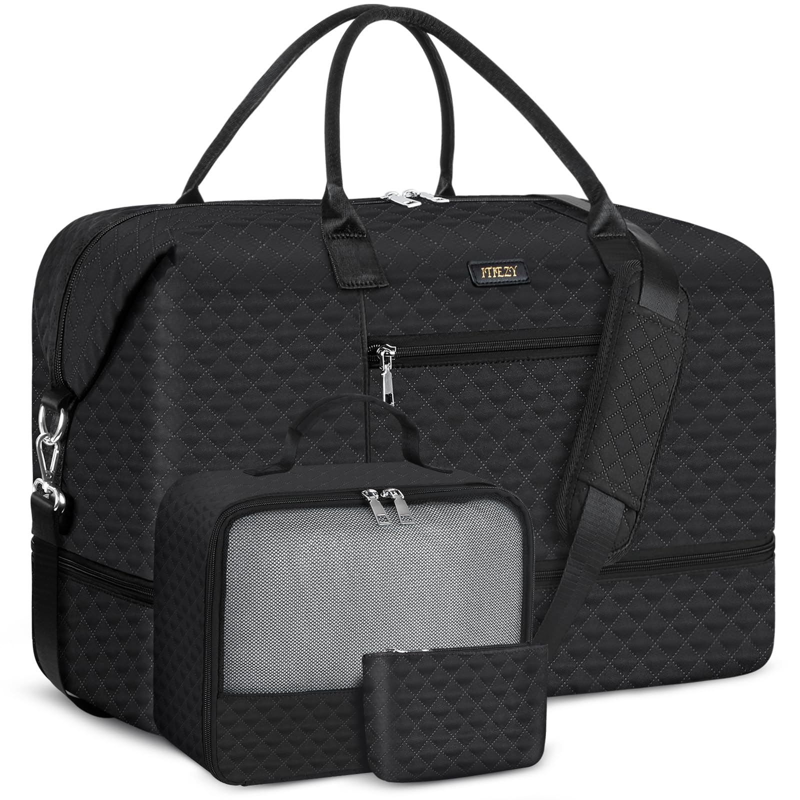 ITIEZY Weekender Travel Duffel for Women with Shoe Compartment, Large Nylon Weekend Tote Bag, 9A-Black, L