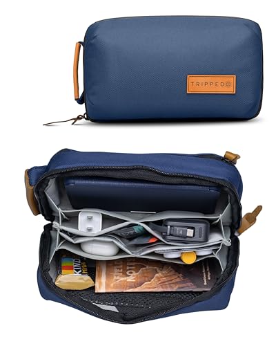 TRIPPED Travel Gear Tech Bag Organizer - Small Electronics Organizer Pouch for Travel - Premium Travel Case with Leather Accents - Mesh Pocket for Cables, Cords and Chargers (Navy)