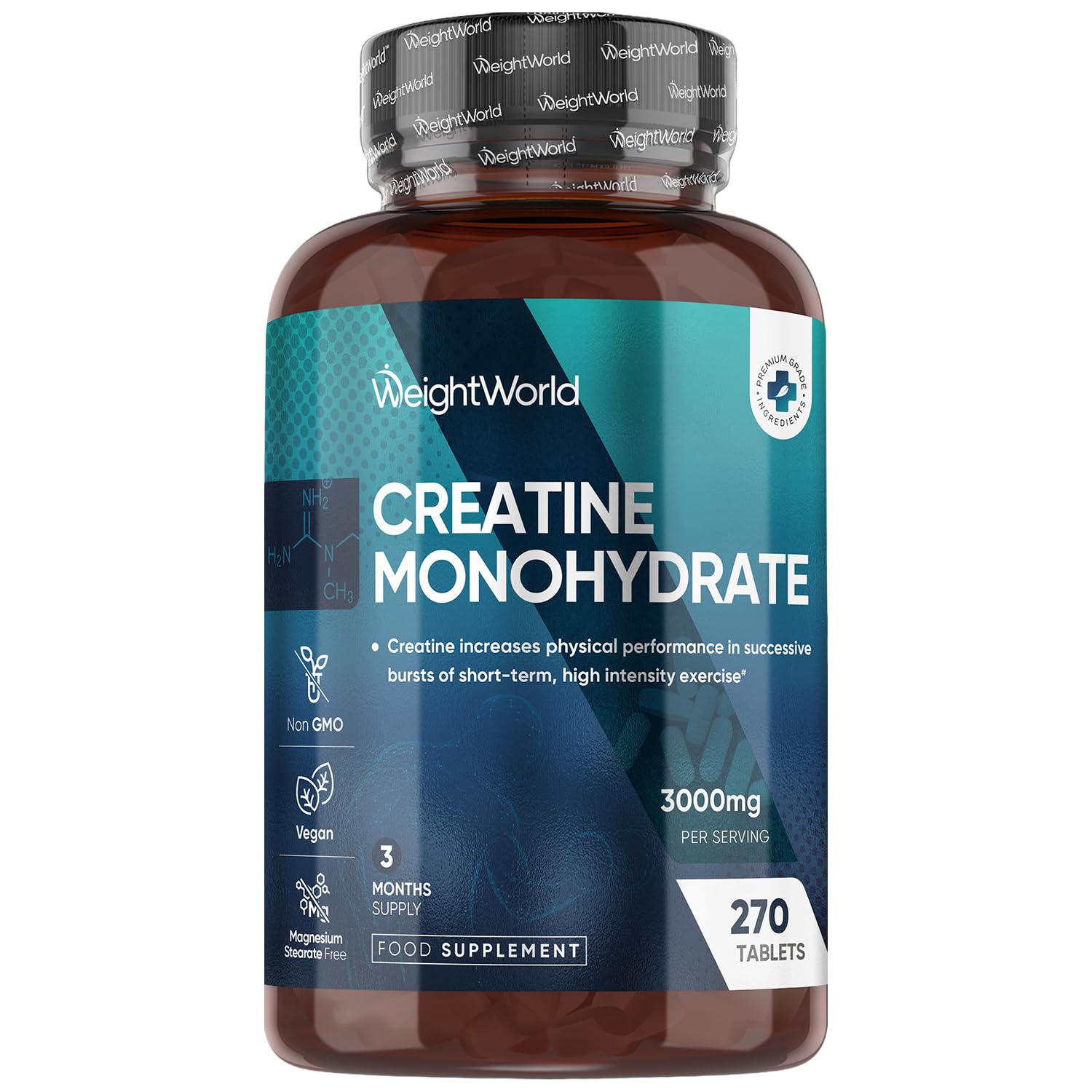 Creatine Monohydrate 3000mg - 270 Vegan Tablets - 3 Months Supply - Micronised for Easy Absorption - Creatine Monohydrate Powder Tablets for Men & Women - Unflavoured, Keto-Friendly & Gluten-Free