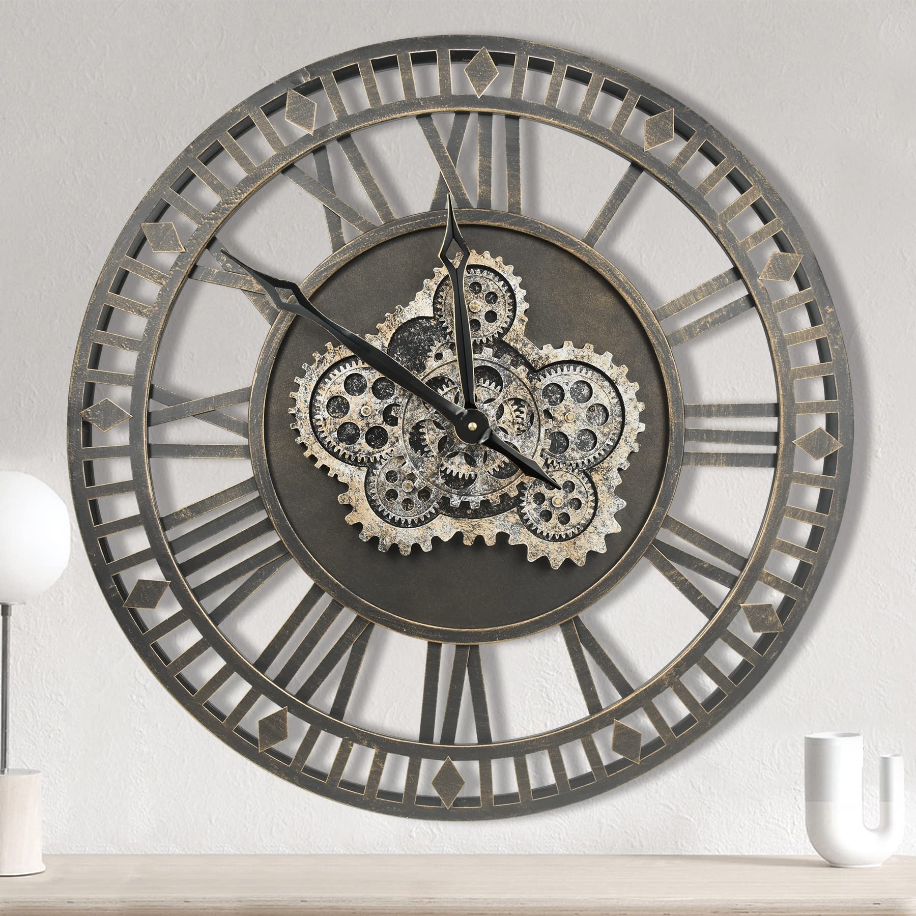 DORBOKER Real Moving Gears Wall Clock Oversized Modern Industrial Steampunk Decorative Retro Metal Rustic Clocks for Living Room Farmhouse Office (Black Sweep Gold,76cm 30 Inch)