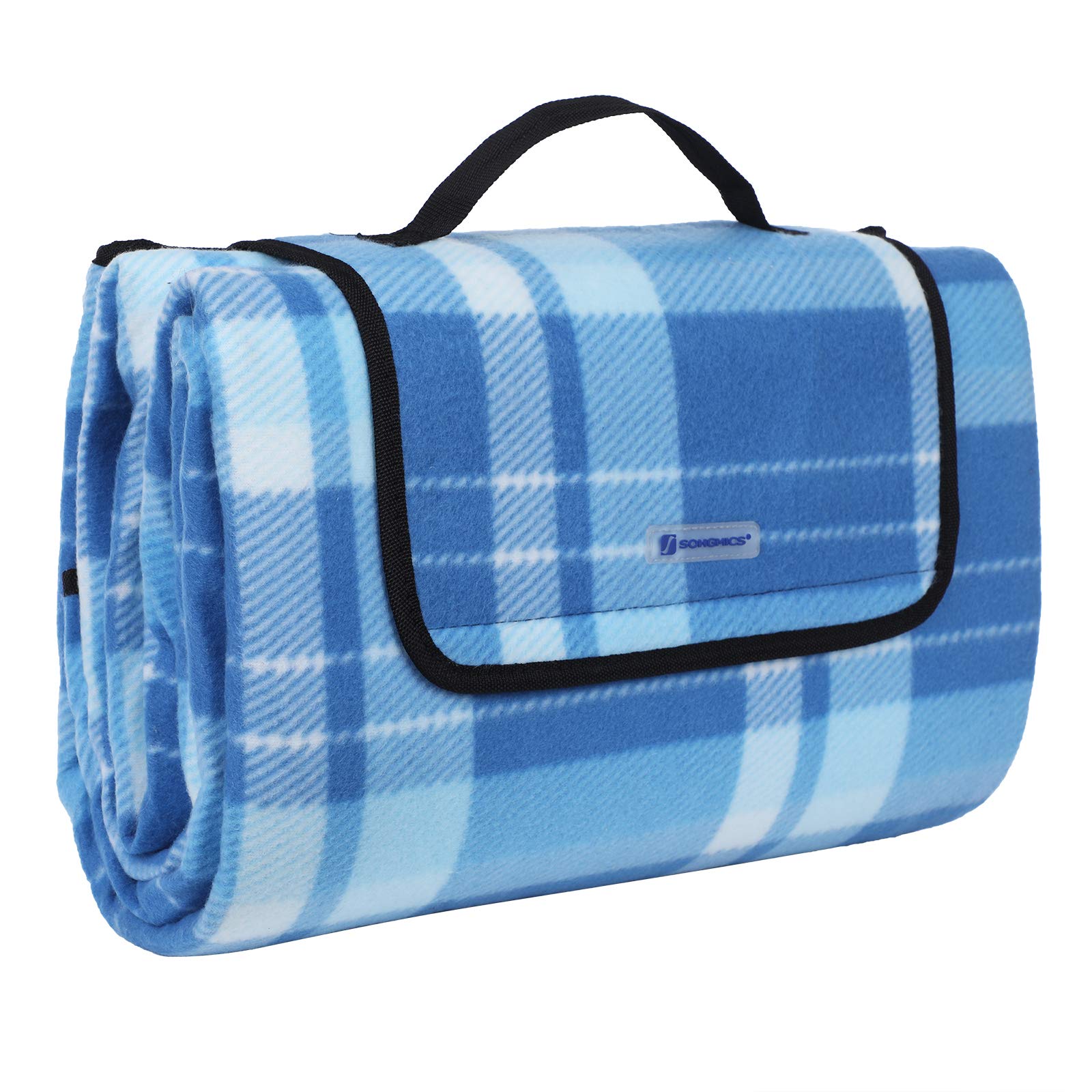 SONGMICS XXL Picnic Blanket Fleece Insulated Waterproof with Carry Handle (Squares Blue Stripes) 200 x 200 cm (GCM71B)