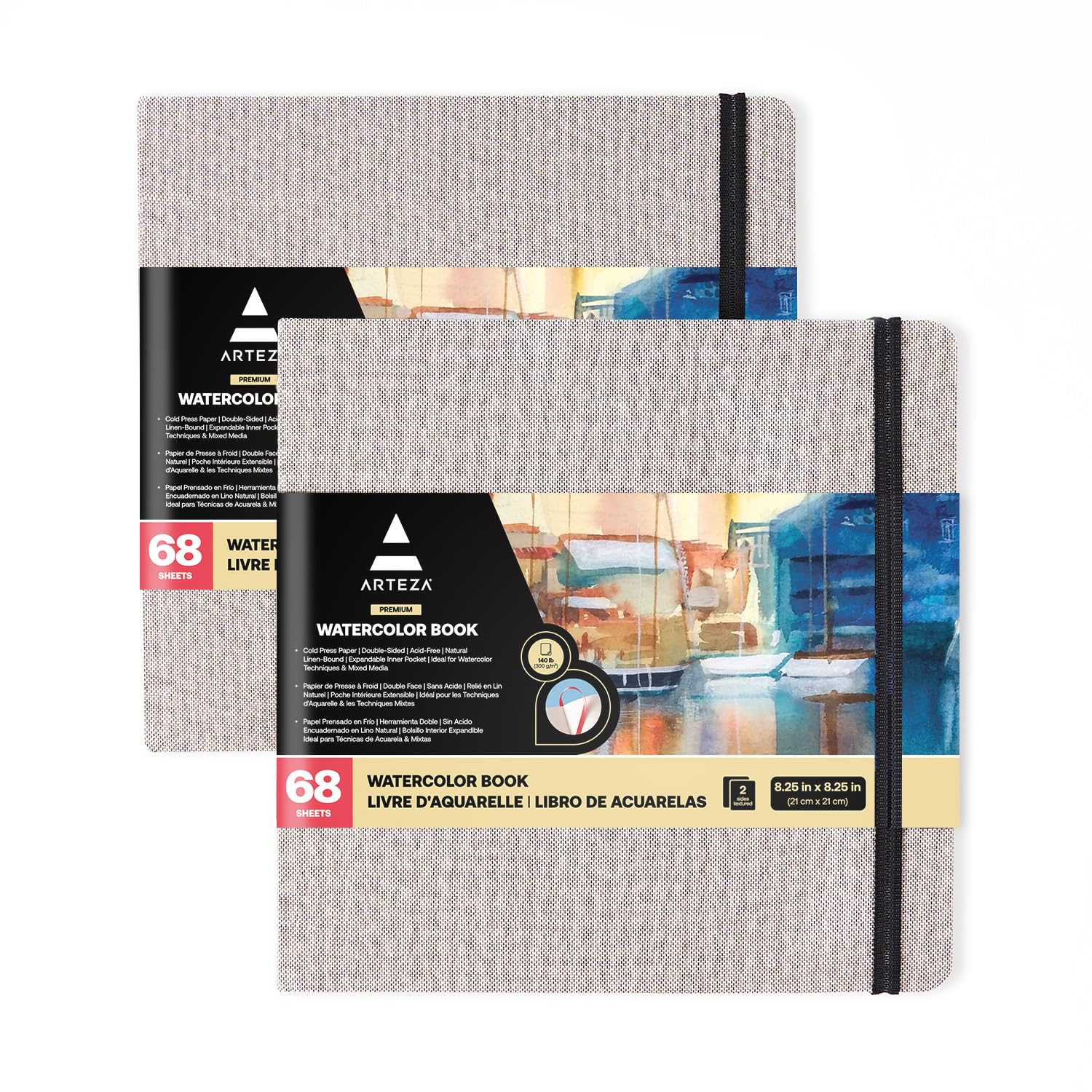 Arteza Watercolour Sketchbook 21 x 21 cm, Pack of 2, 68 Pages per Journal, 230gsm, Grey Hardcover, with Inner Pocket and Elastic Strap, Art Supplies for Watercolour Techniques and Mixed Media