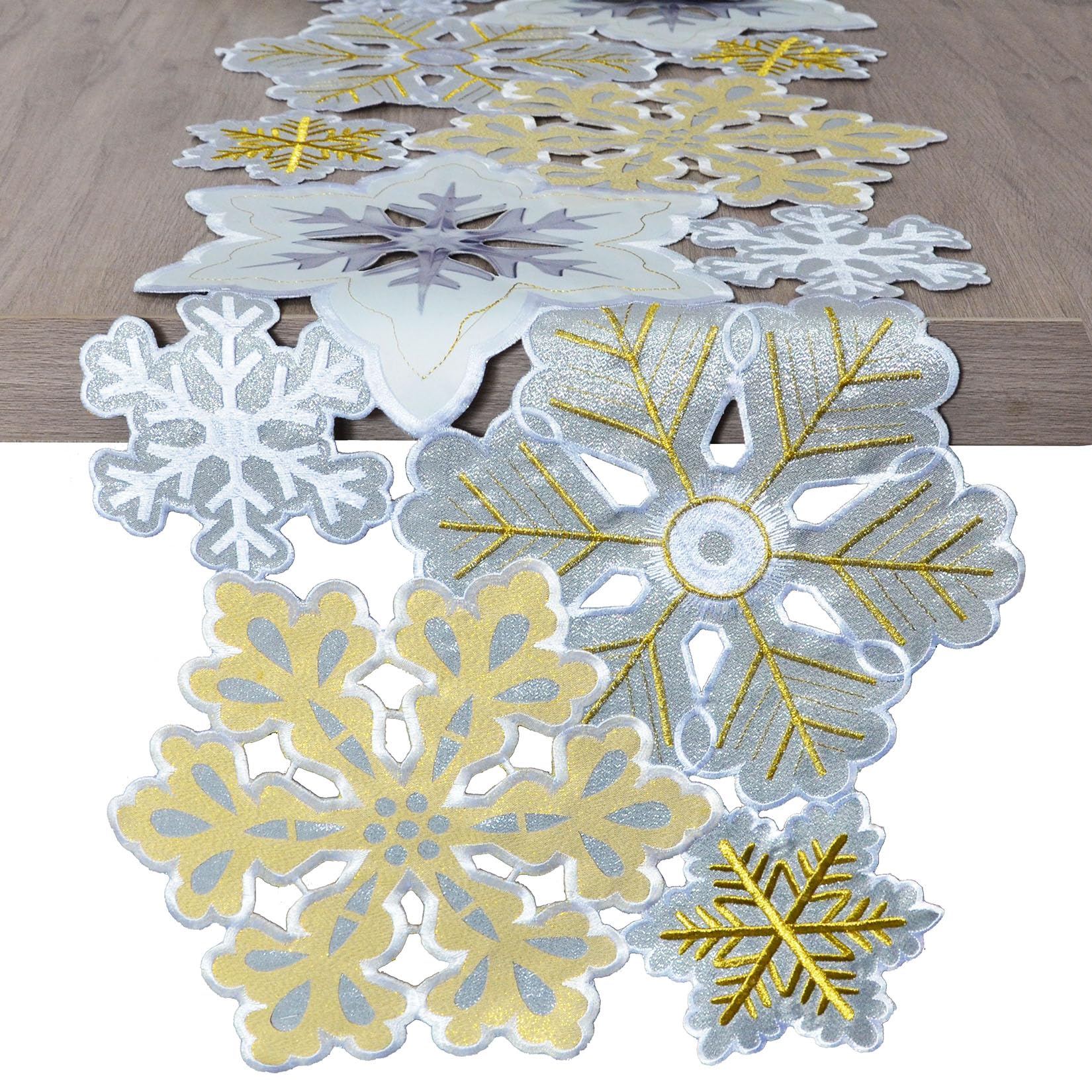Grelucgo Machine Embroidered and Hand Cut Silver and Gold Winter Snowflakes Table Runner for Christmas Holiday (14 x 69 inches)