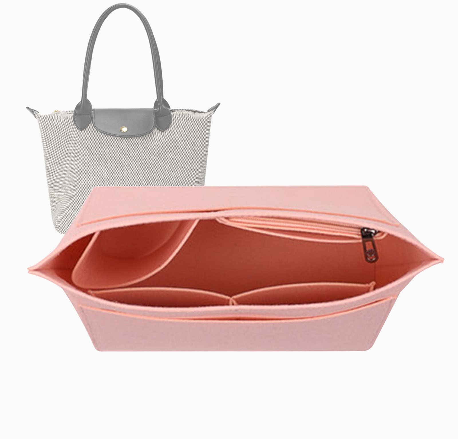 Lckaey tote bag organizer insert for Longchamp le pliage large tote insert felt purse zipper bag organizer 1028pink-M AG